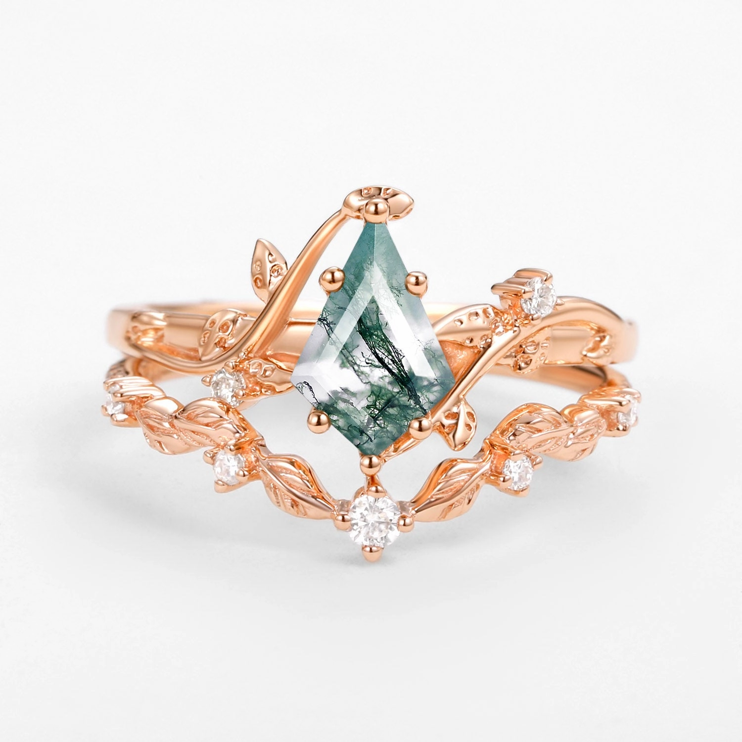 Vine Leafy Kite Cut Moss Agate Engagement Ring Sets 2pcs - Ashley Highlight Accent Classic Pieces