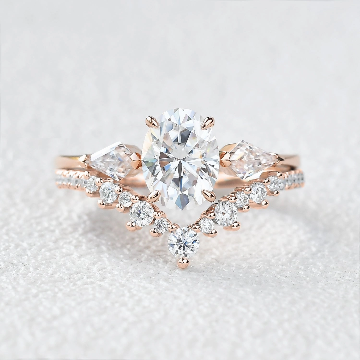 Holiday Gift 1.5ct Oval Moss Agate Three Stones Engagement Ring Set 2pcs