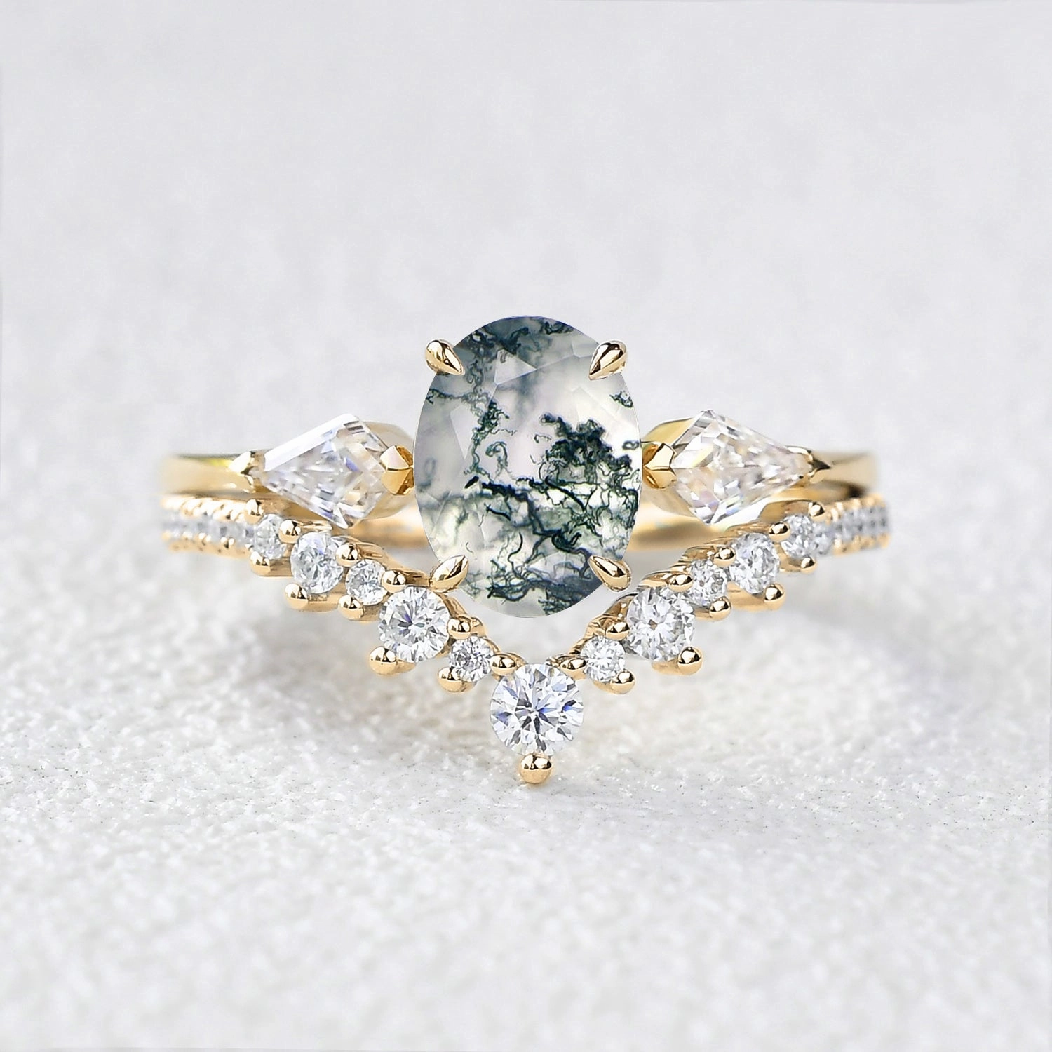 1.5ct Oval Moss Agate Three Stones Engagement Ring Set 2pcs Clean Lines Dress Up Time