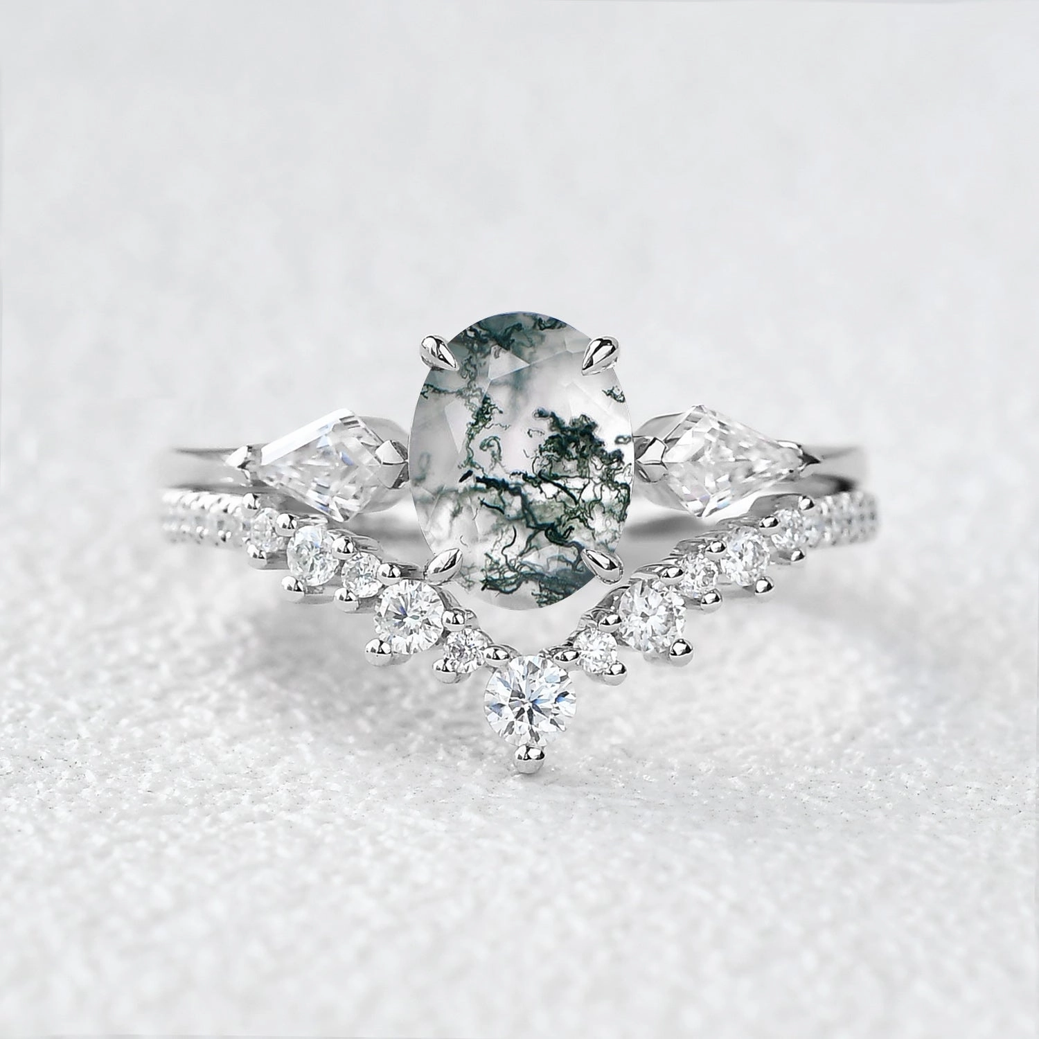 Highlight Piece Signature Piece 1.5ct Oval Moss Agate Three Stones Engagement Ring Set 2pcs