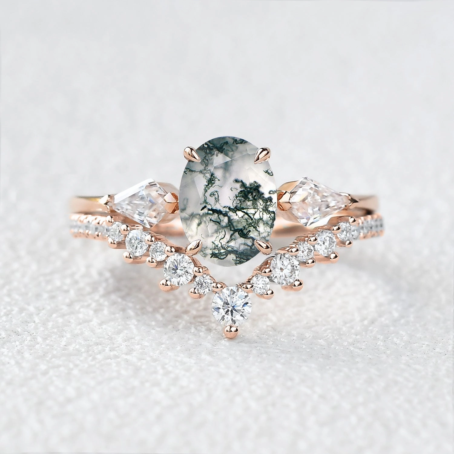 Balanced Detail 1.5ct Oval Moss Agate Three Stones Engagement Ring Set 2pcs