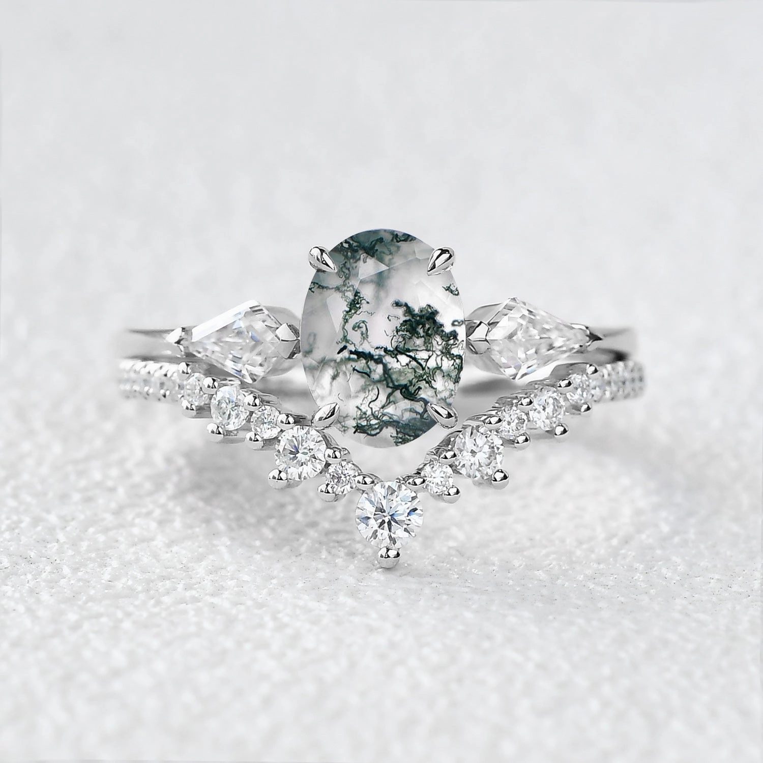 1.5ct Oval Moss Agate Three Stones Engagement Ring Set 2pcs Zoom Focus Artisan Glam