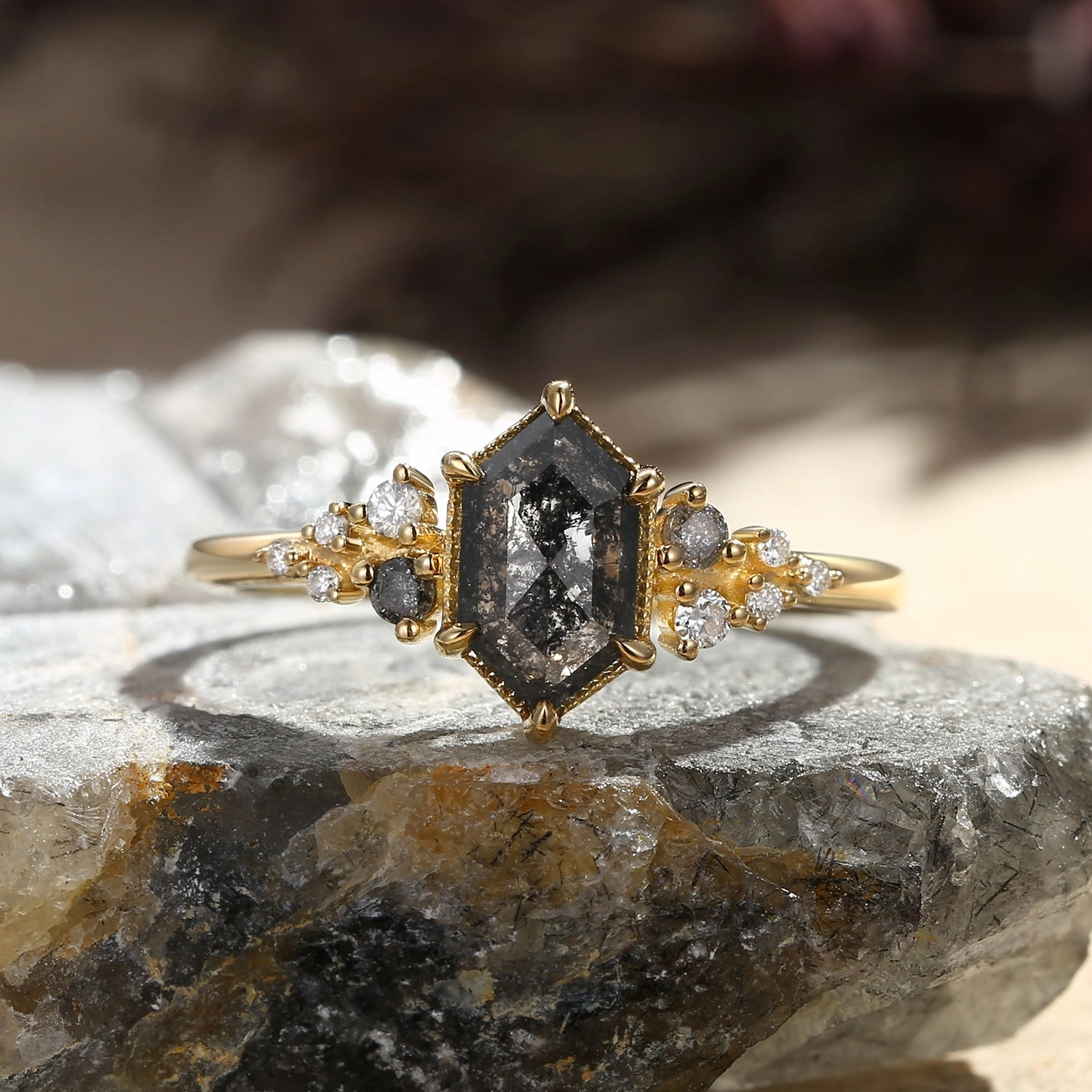 Camera Ready Hexagon Salt and Pepper Diamonds Stacking Engagement Ring - Sophia