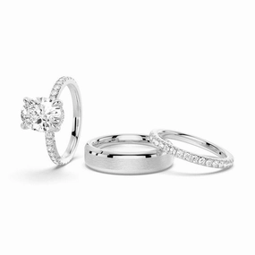 Micropav?? Oval Hidden Halo Moissanite Couple's Ring Set with Men's Wedding Band Classic Look Cozy Mood