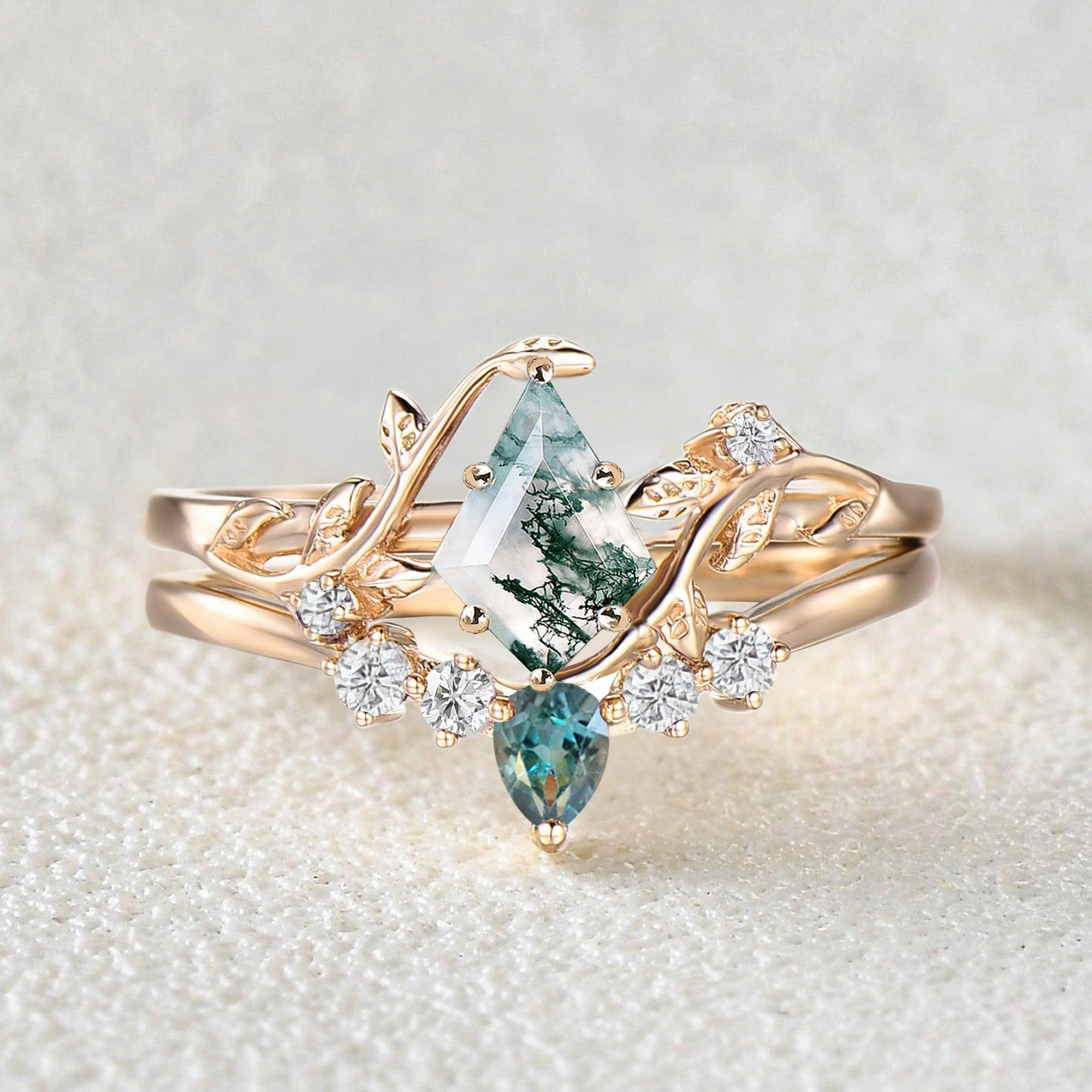 Fresh Sparkle Unique Kite Cut Moss Agate & Teal Sapphire Leafy Bridal Ring Sets 2pcs - Willow