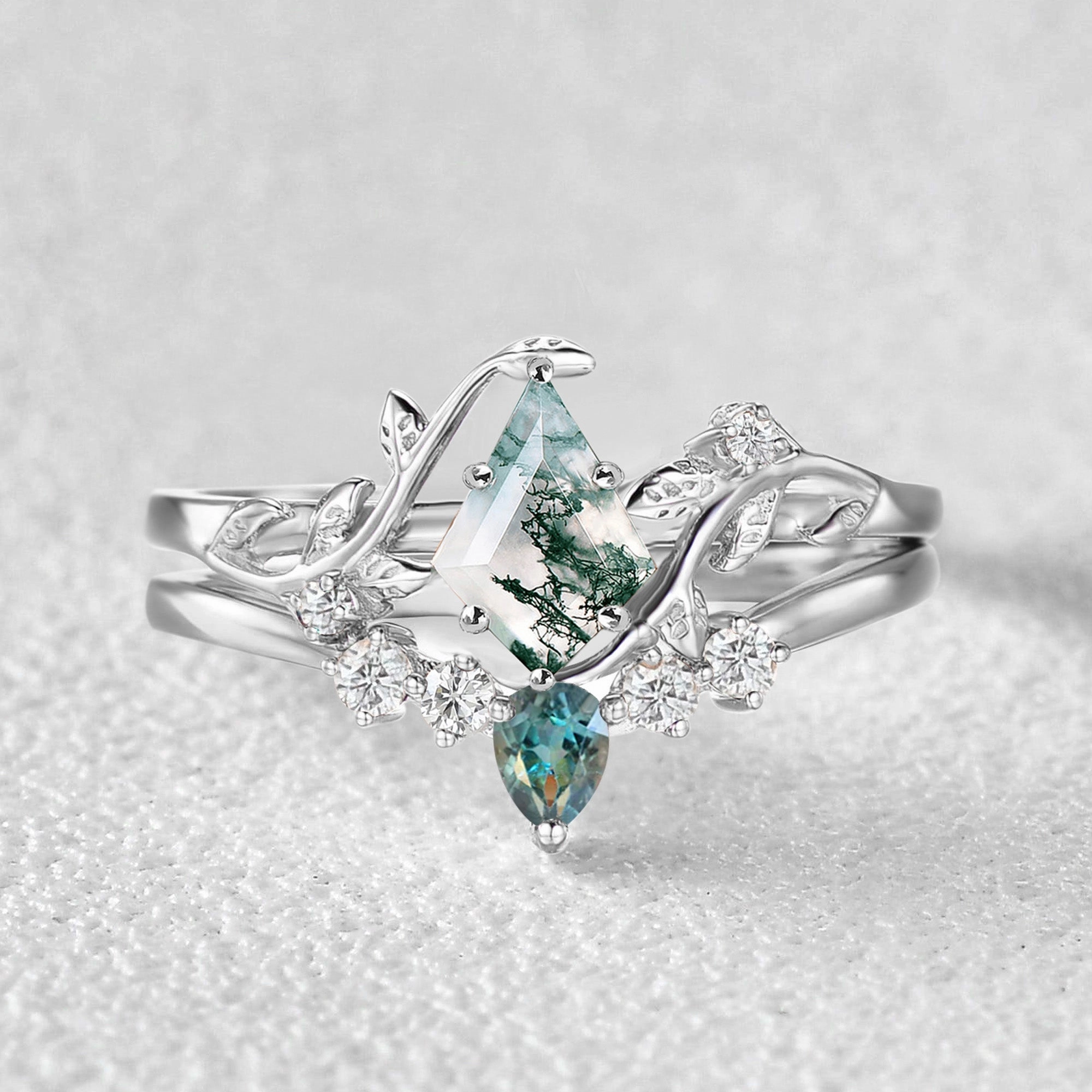 Creative Edge Unique Kite Cut Moss Agate & Teal Sapphire Leafy Bridal Ring Sets 2pcs - Willow