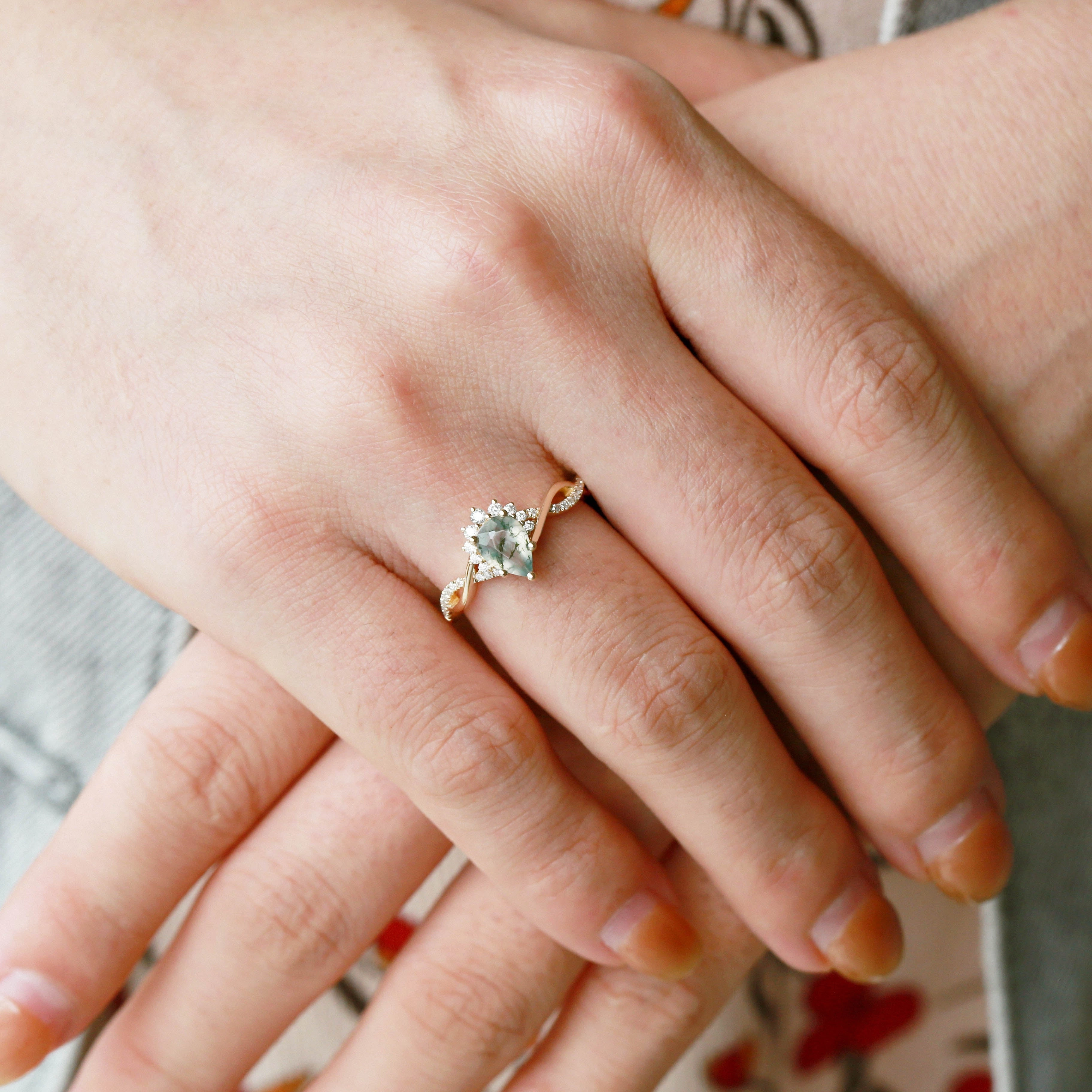 Industrial Made 1.5ct Pear Moss Agate Infinity Engagement Ring - Barbara