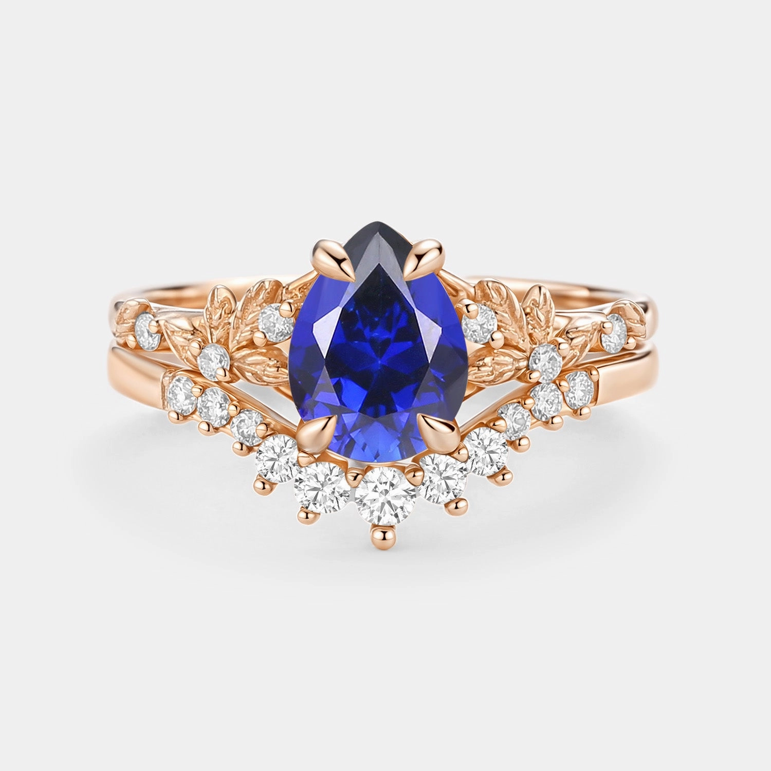 Simple Form Pear Cut Leafy Lab Sapphire Engagement Ring Set 2pcs - Vespera