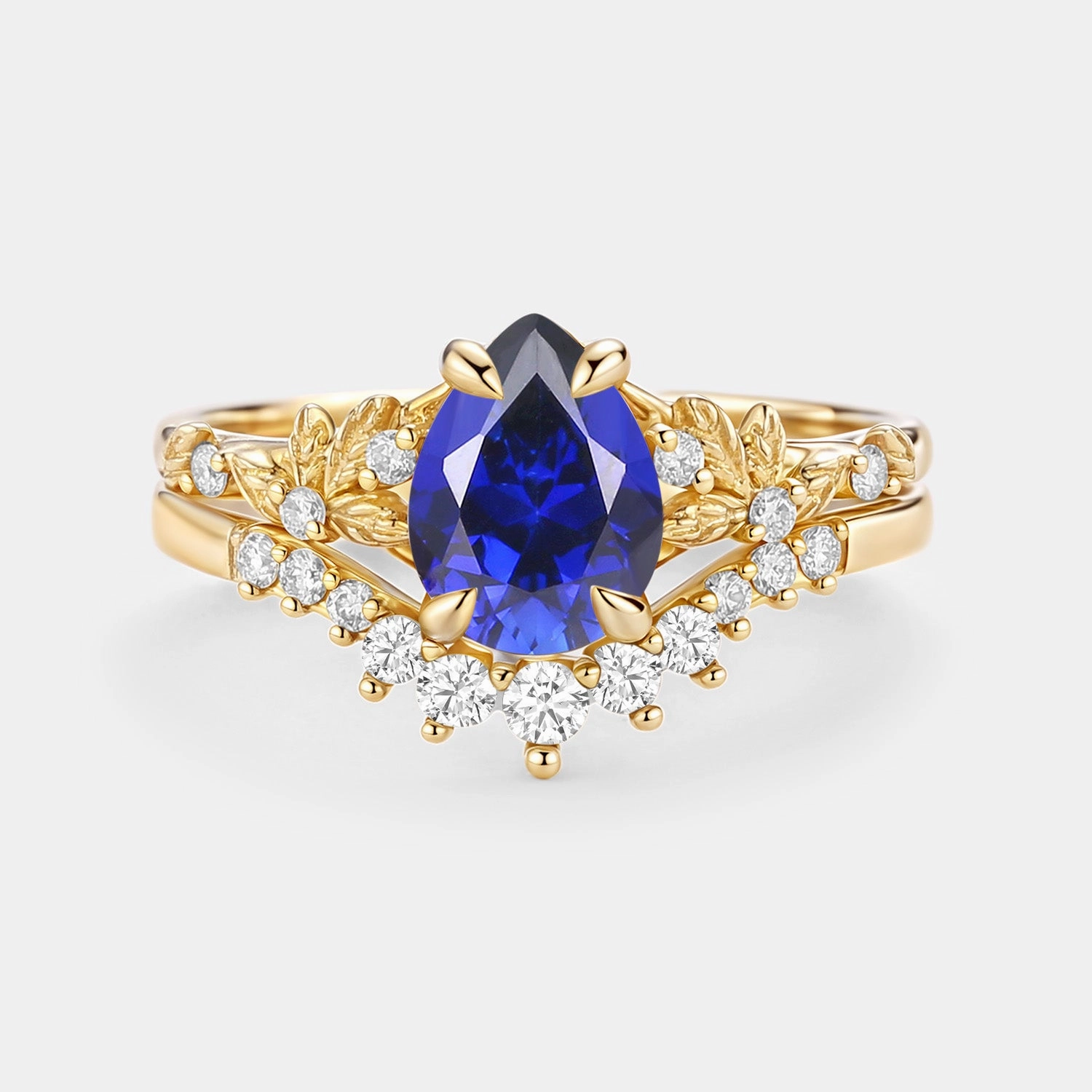 Soft Vibe Party Detail Pear Cut Leafy Lab Sapphire Engagement Ring Set 2pcs - Vespera