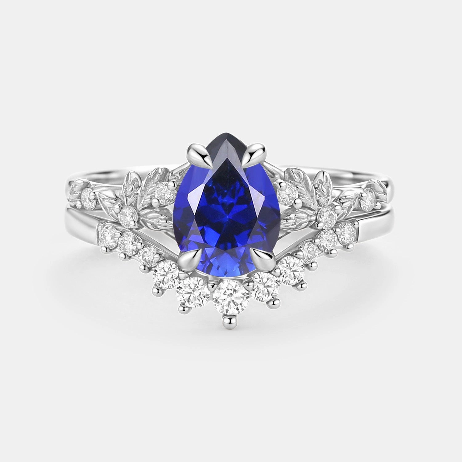 Beautiful Token Pear Cut Leafy Lab Sapphire Engagement Ring Set 2pcs - Vespera