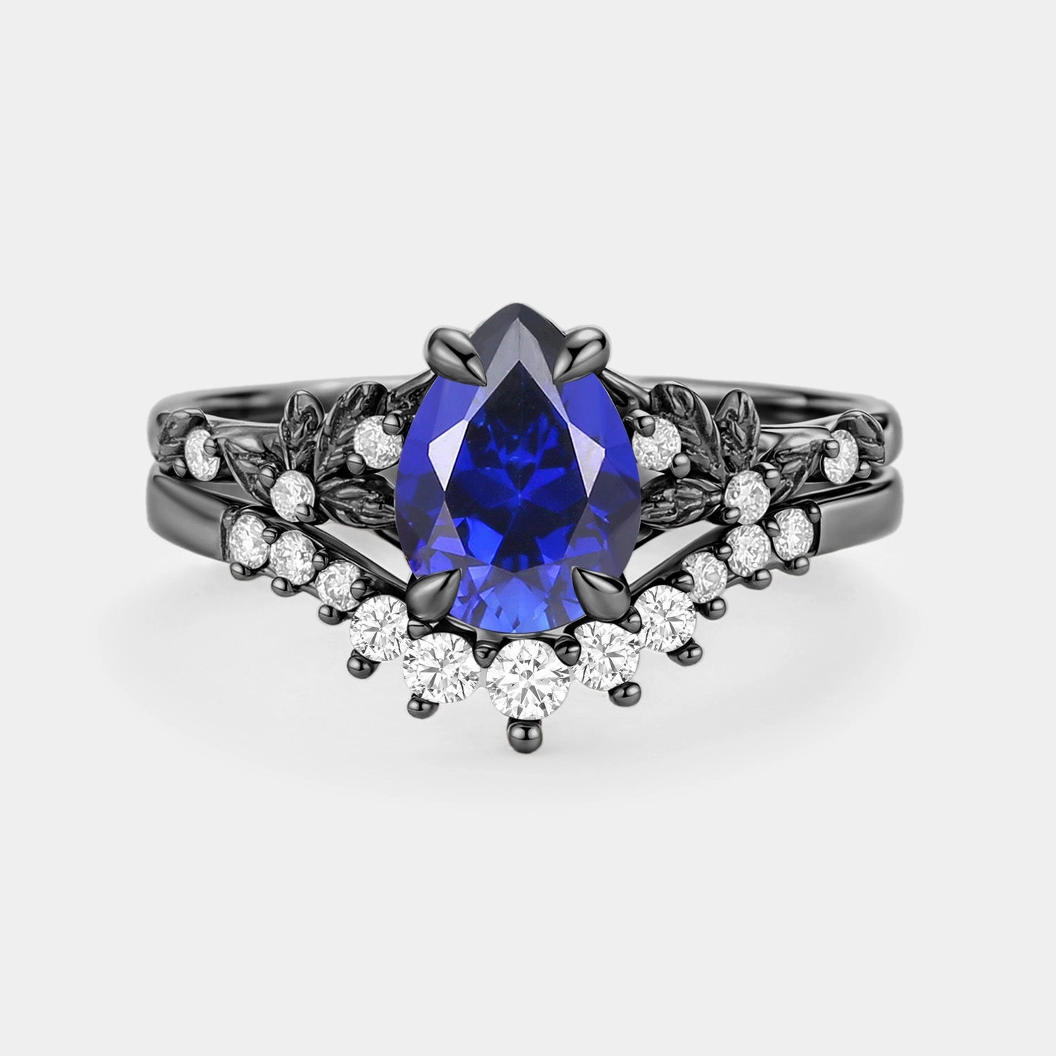 Pear Cut Leafy Lab Sapphire Engagement Ring Set 2pcs - Vespera Made to order
