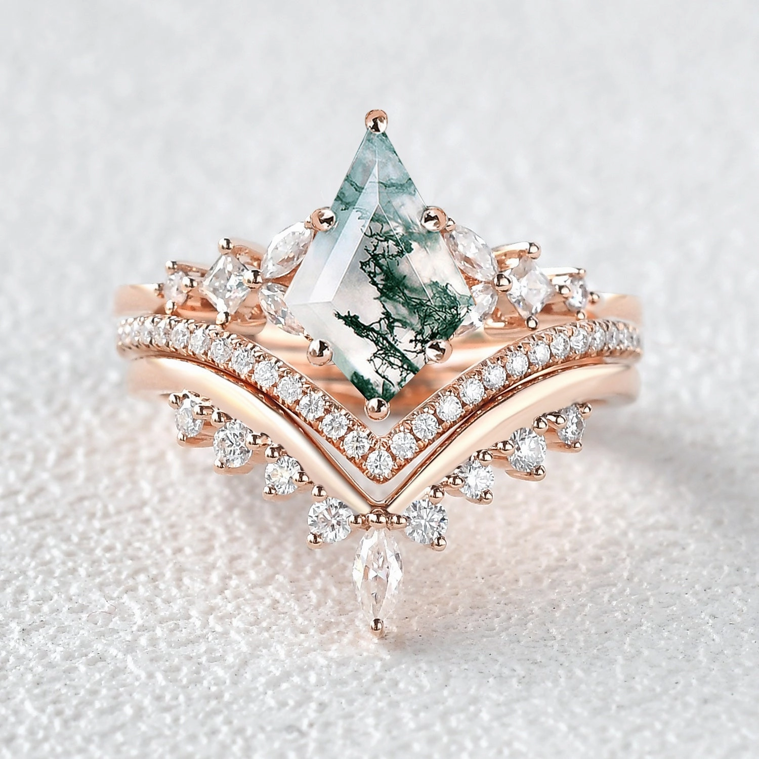 Kite Cut Moss Agate Stacking Luxurious Engagement Bridal Set 3pcs Engagement Style