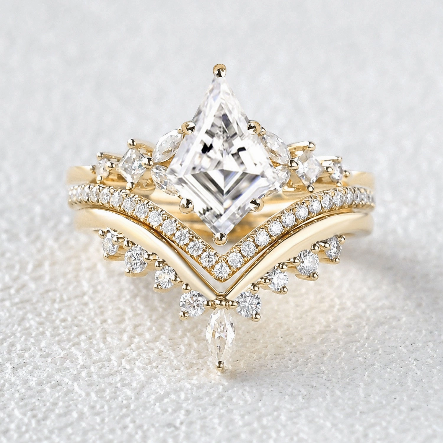 Kite Cut Moss Agate Stacking Luxurious Engagement Bridal Set 3pcs Sharp Silhouette Perfect Fit