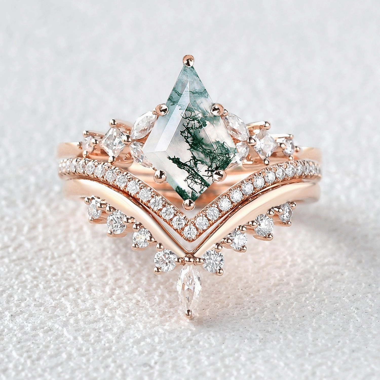 Kite Cut Moss Agate Stacking Luxurious Engagement Bridal Set 3pcs Modern Piece Smooth Fit
