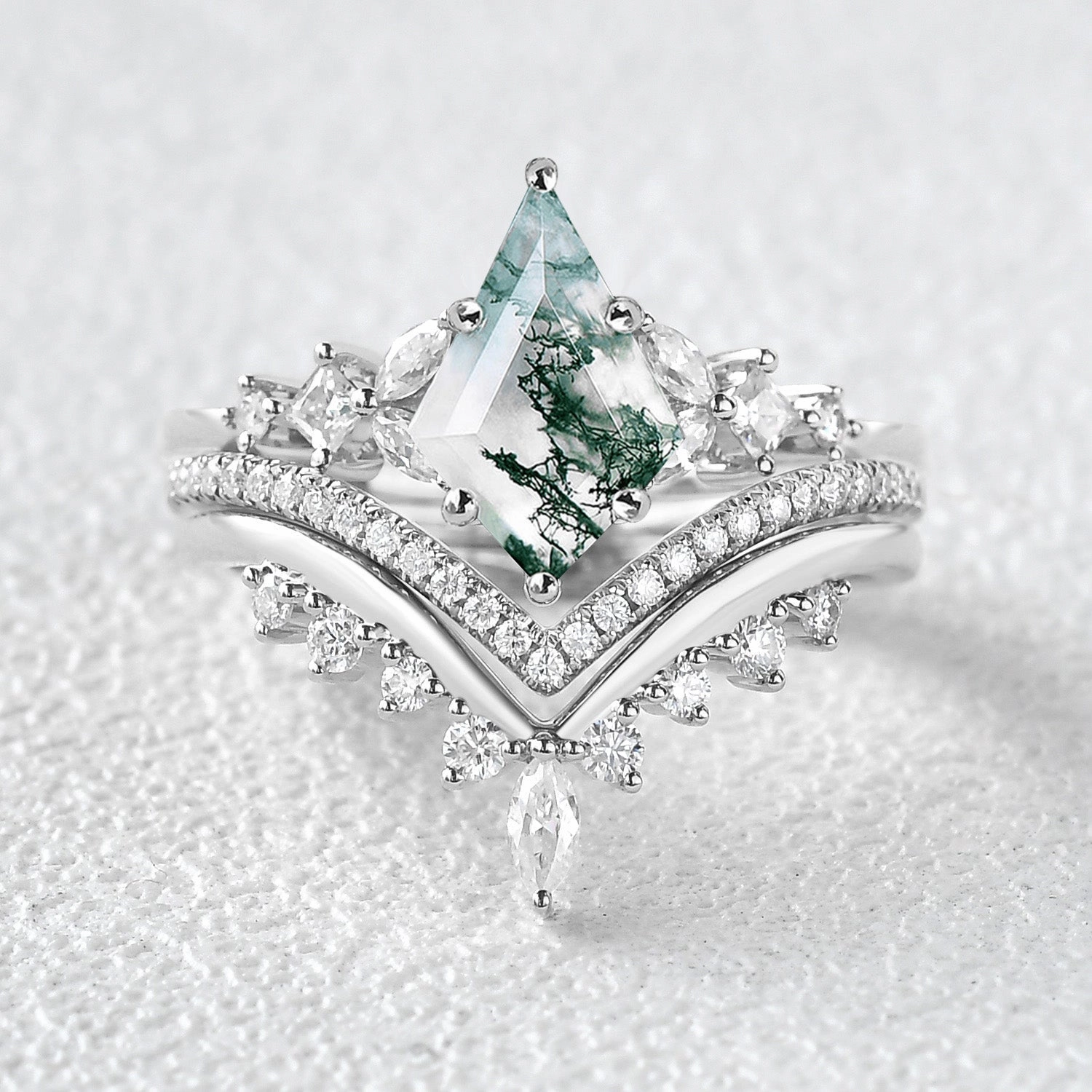 Effortless Chic Kite Cut Moss Agate Stacking Luxurious Engagement Bridal Set 3pcs