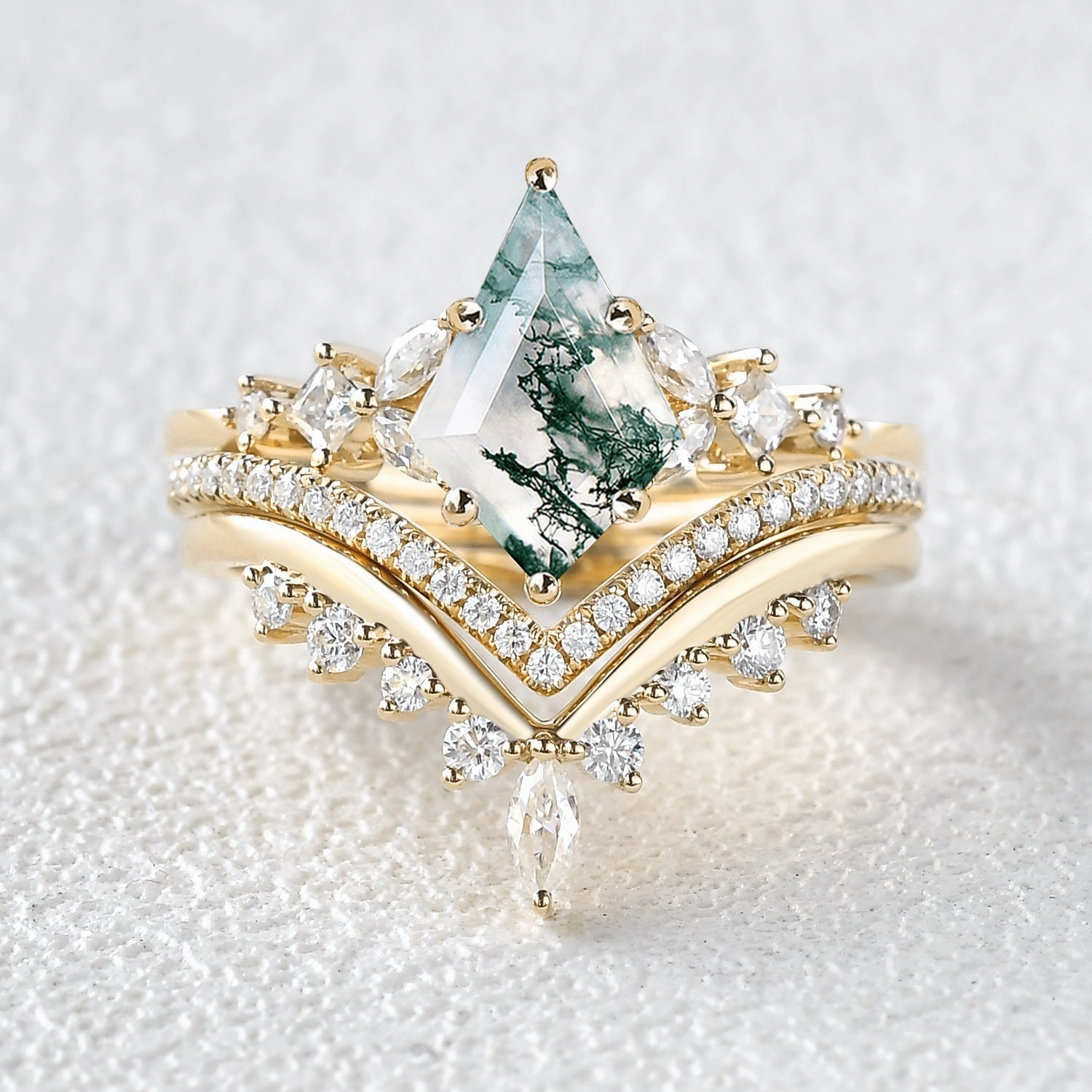 Kite Cut Moss Agate Stacking Luxurious Engagement Bridal Set 3pcs Casual accessory Minimal Aesthetic