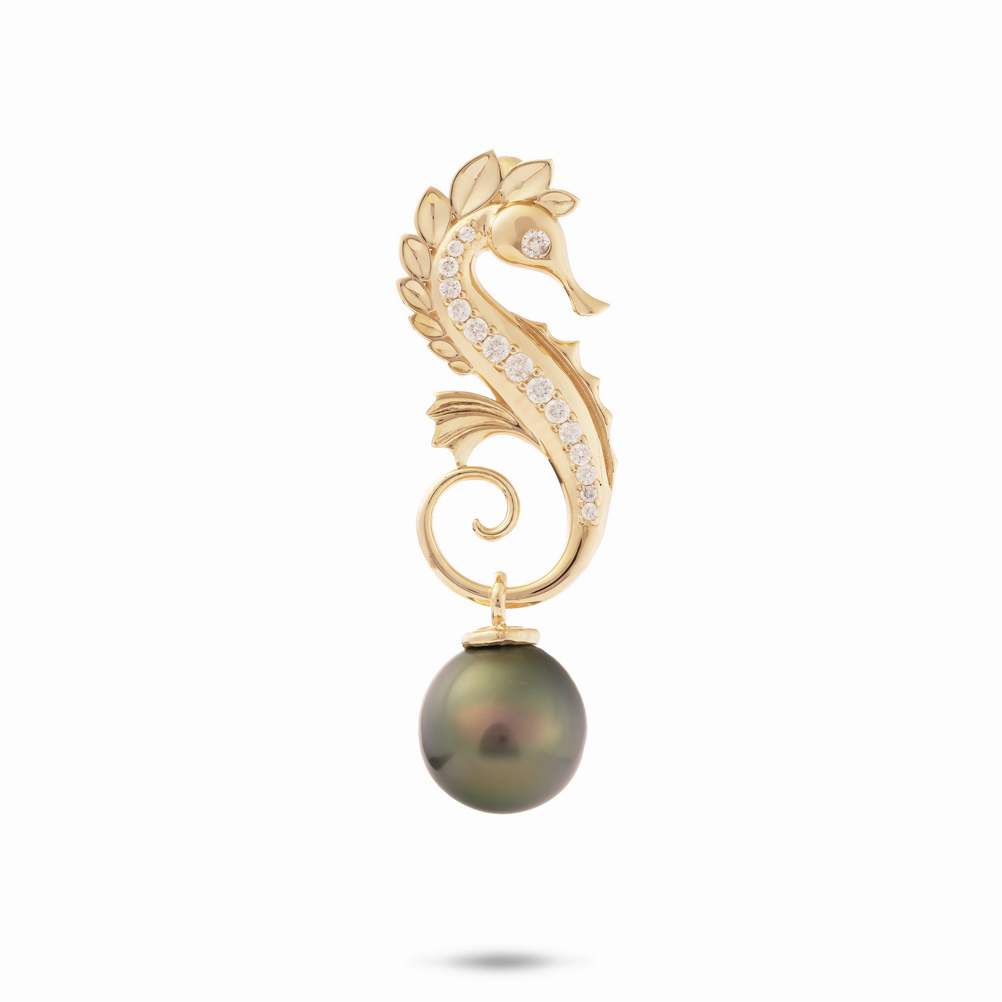 Ocean Dance Seahorse Tahitian Black Pearl Pendant in Gold with Diamonds - 9-10mm Chic Glow