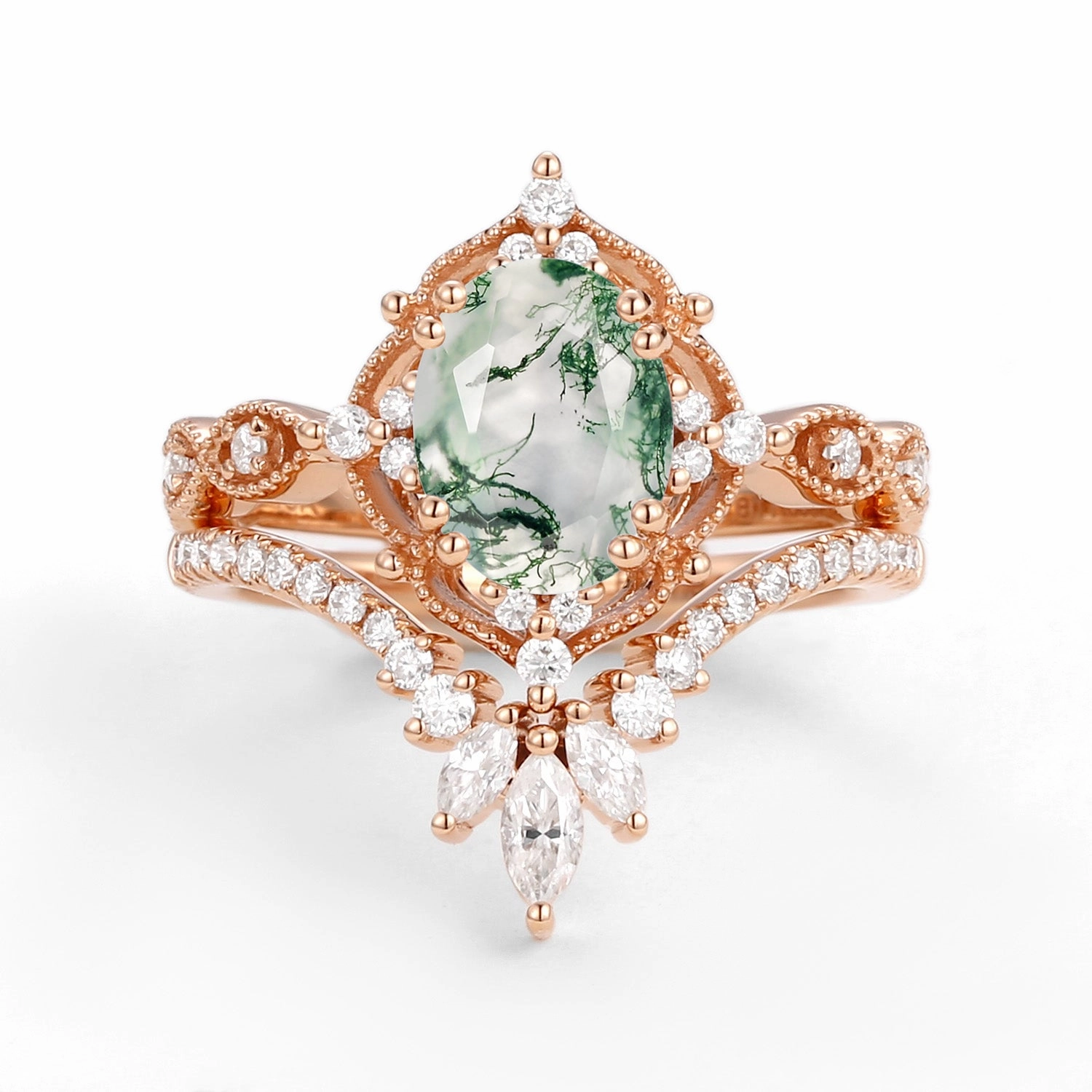 Quality Accessory Oval Cut Vintage Moss Agate Engagement Ring Set 2pcs - Soren