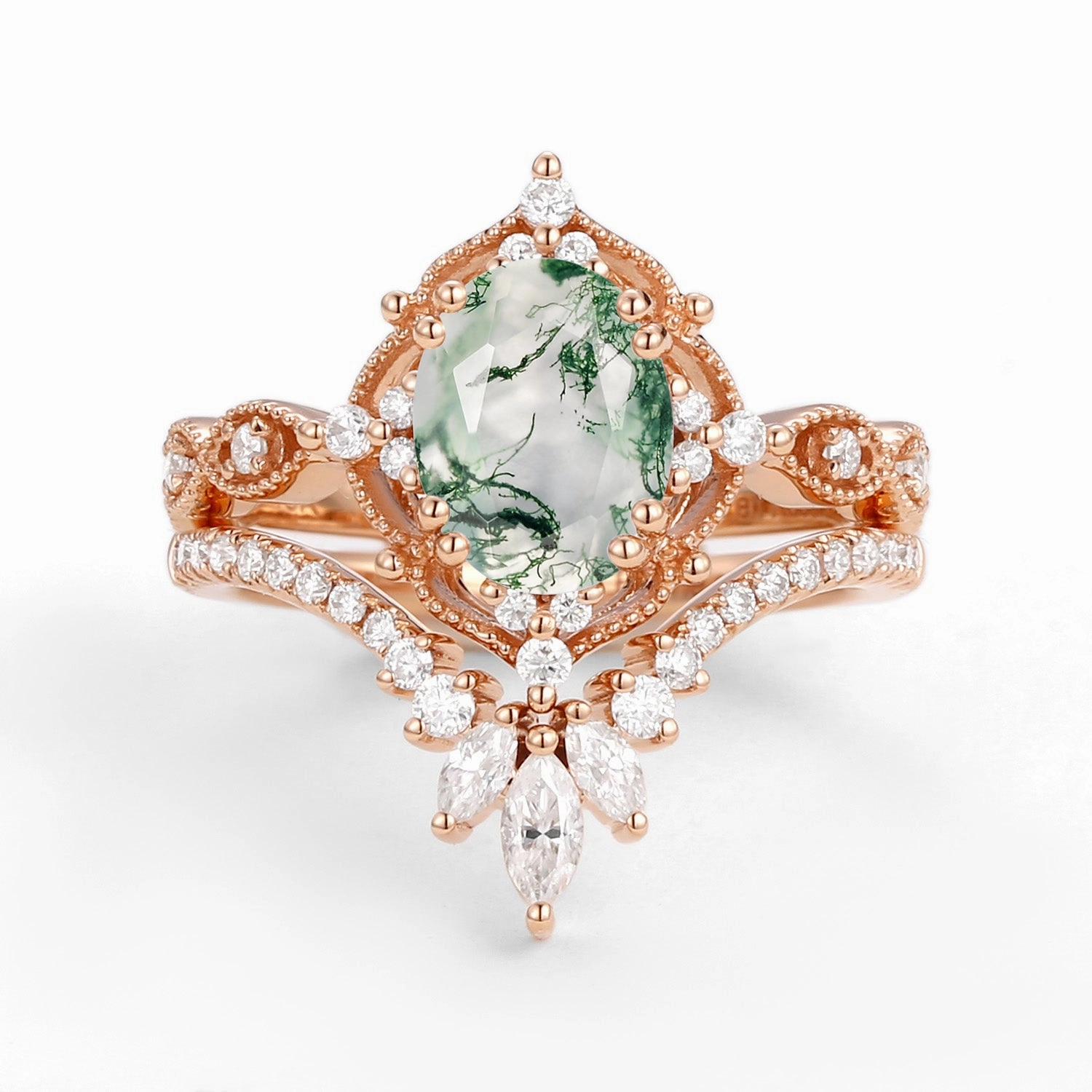 Sparkle Pop Oval Cut Vintage Moss Agate Engagement Ring Set 2pcs - Soren