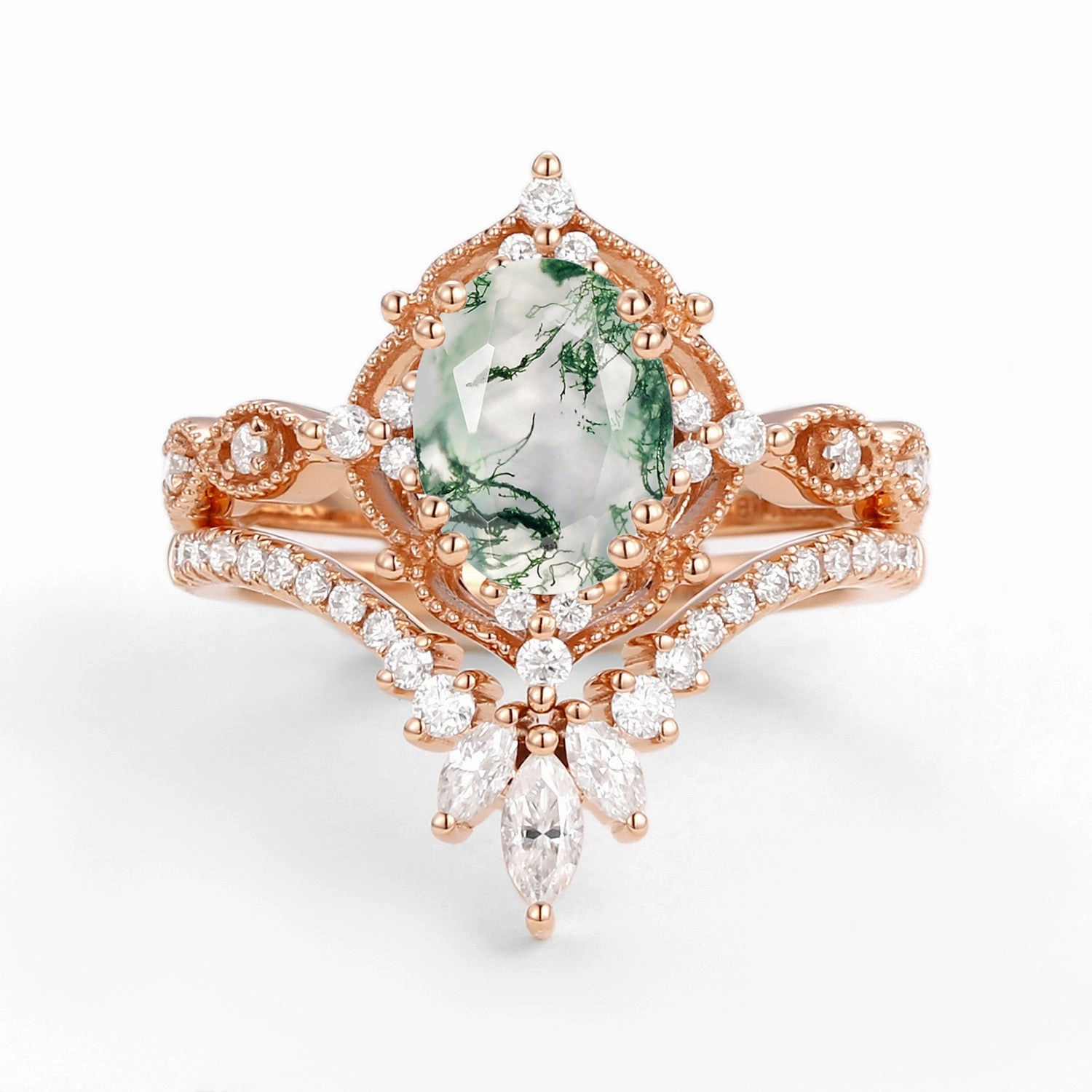 Oval Cut Vintage Moss Agate Engagement Ring Set 2pcs - Soren High Polish