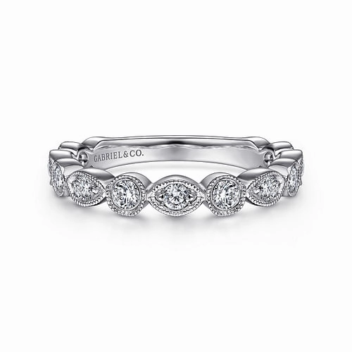 Timeless Edge Vintage Inspired 14K White Gold Marquise and Round Station Diamond Anniversary Band