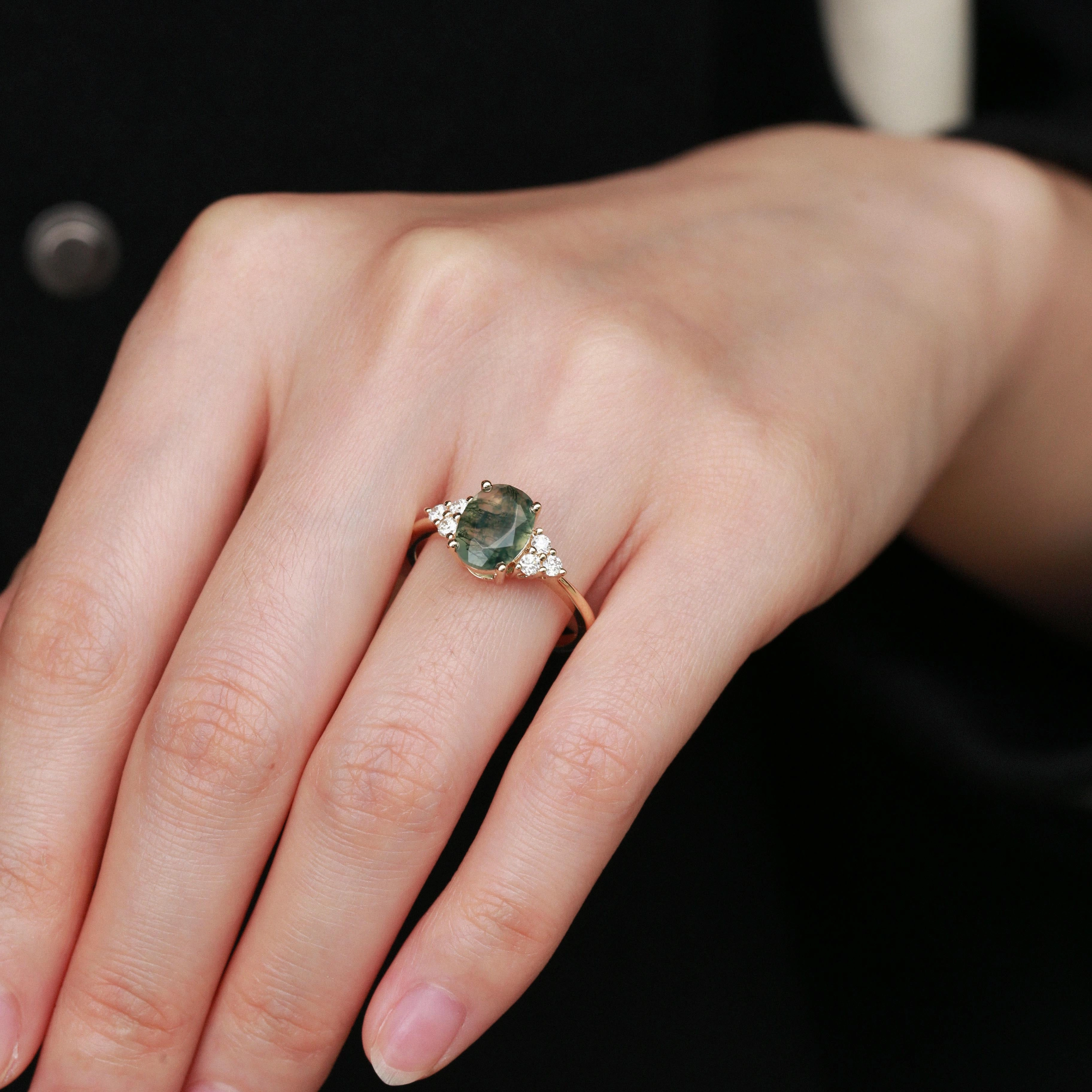 Biodegradable Item Oval Moss Agate Classic Cluster Engagement Ring - Aurora