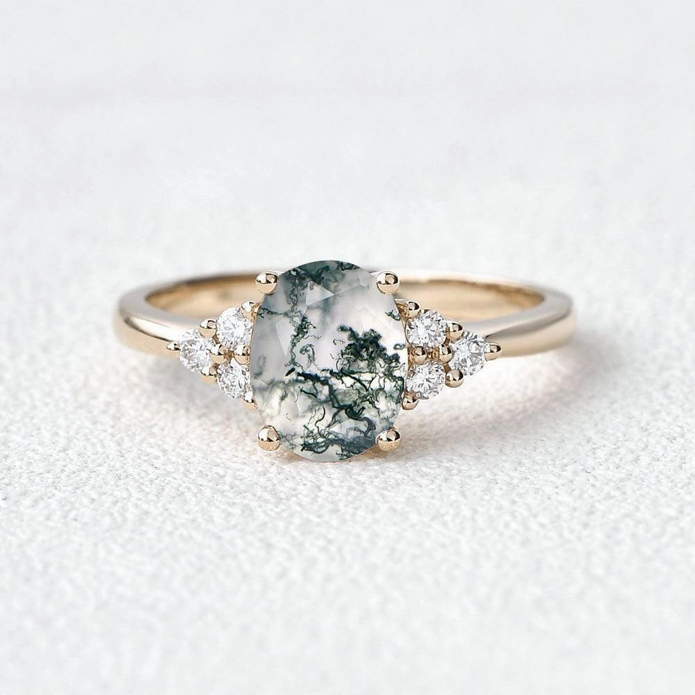 Oval Moss Agate Classic Cluster Engagement Ring - Aurora Beautiful Symbol