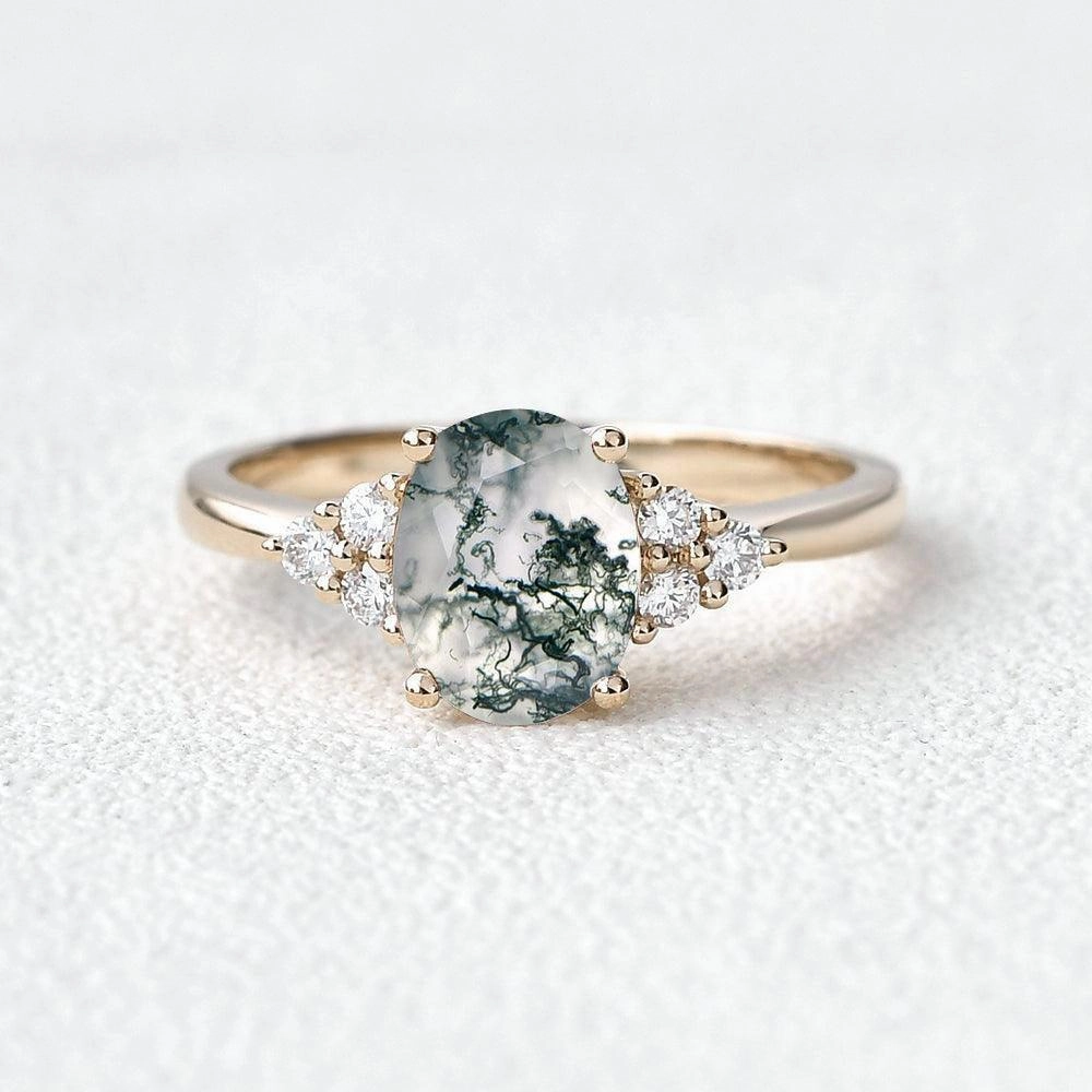 Oval Moss Agate Classic Cluster Engagement Ring - Aurora Simple Keepsake Stylish Form