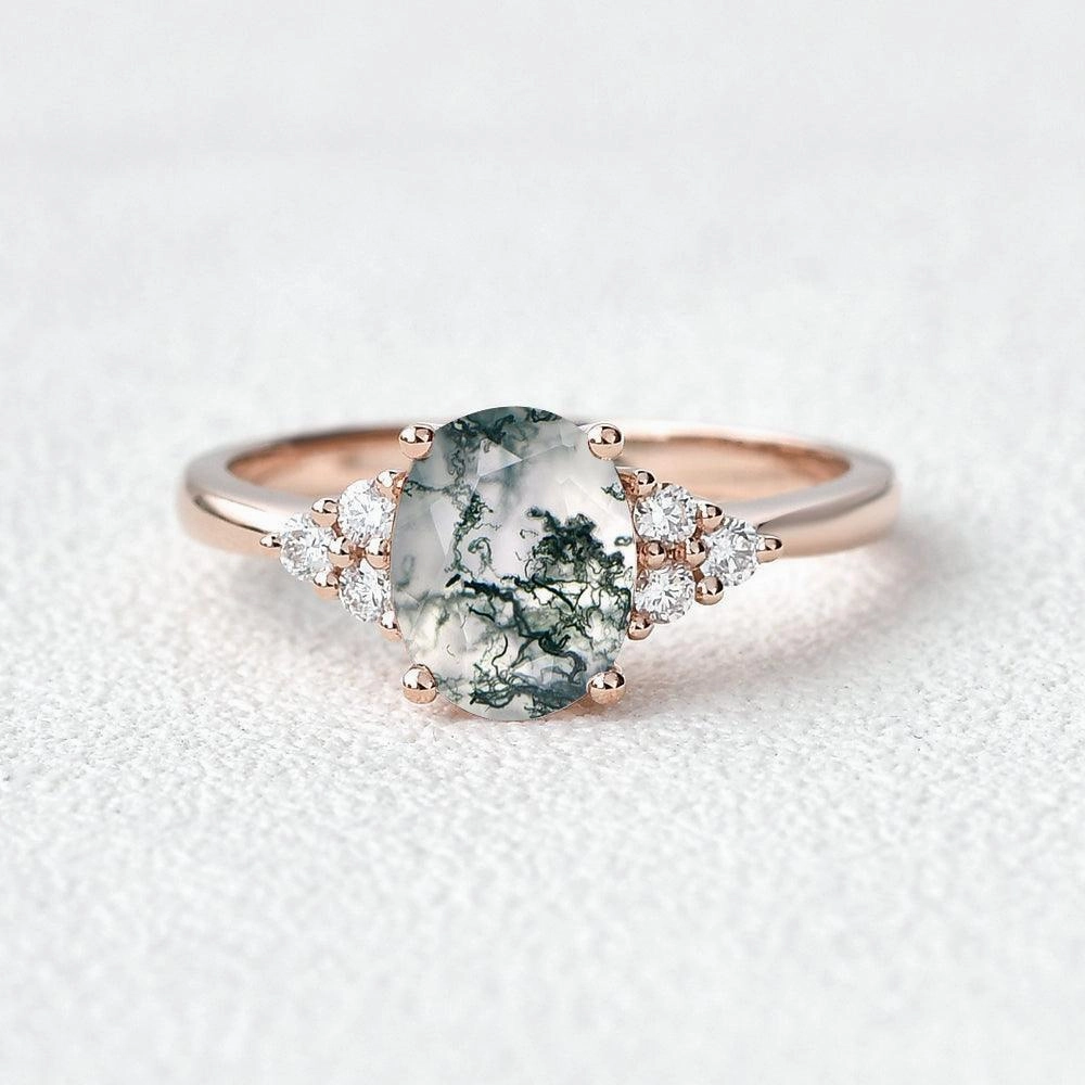 Elegant Appeal Oval Moss Agate Classic Cluster Engagement Ring - Aurora