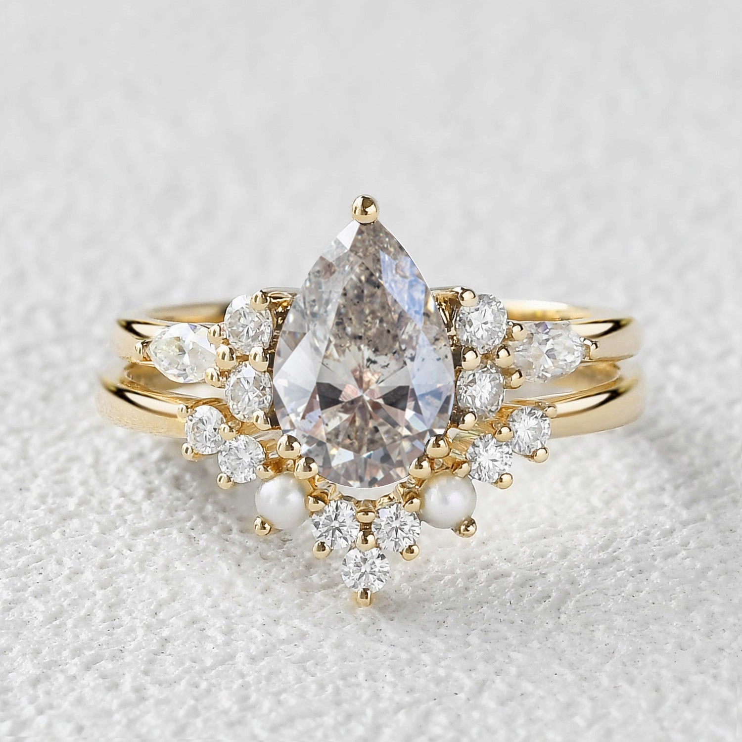 Contemporary accessory Pear Shaped Salt and Pepper Diamonds & Pearl Ring Set 2pcs