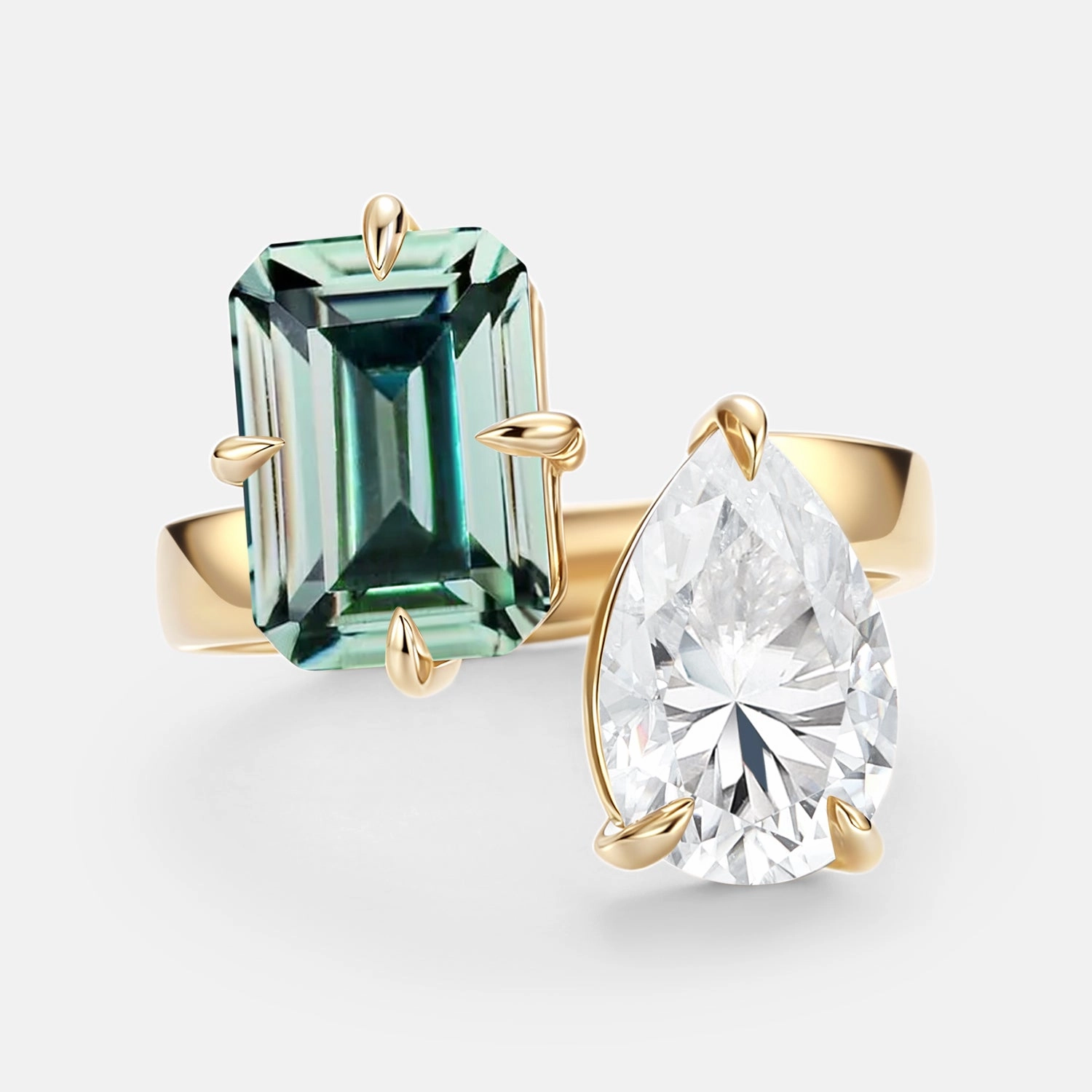 Resilient Style Customizable Look Toi Et Moi Lab Green Sapphire & Moissanite Engagement Ring - Juno