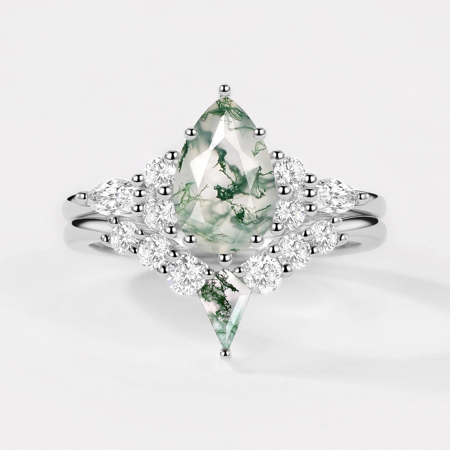 Twin Flames - Pear Cut Unique Moss Agate Engagement Ring Sets 2pcs - Zoey Everyday Edge