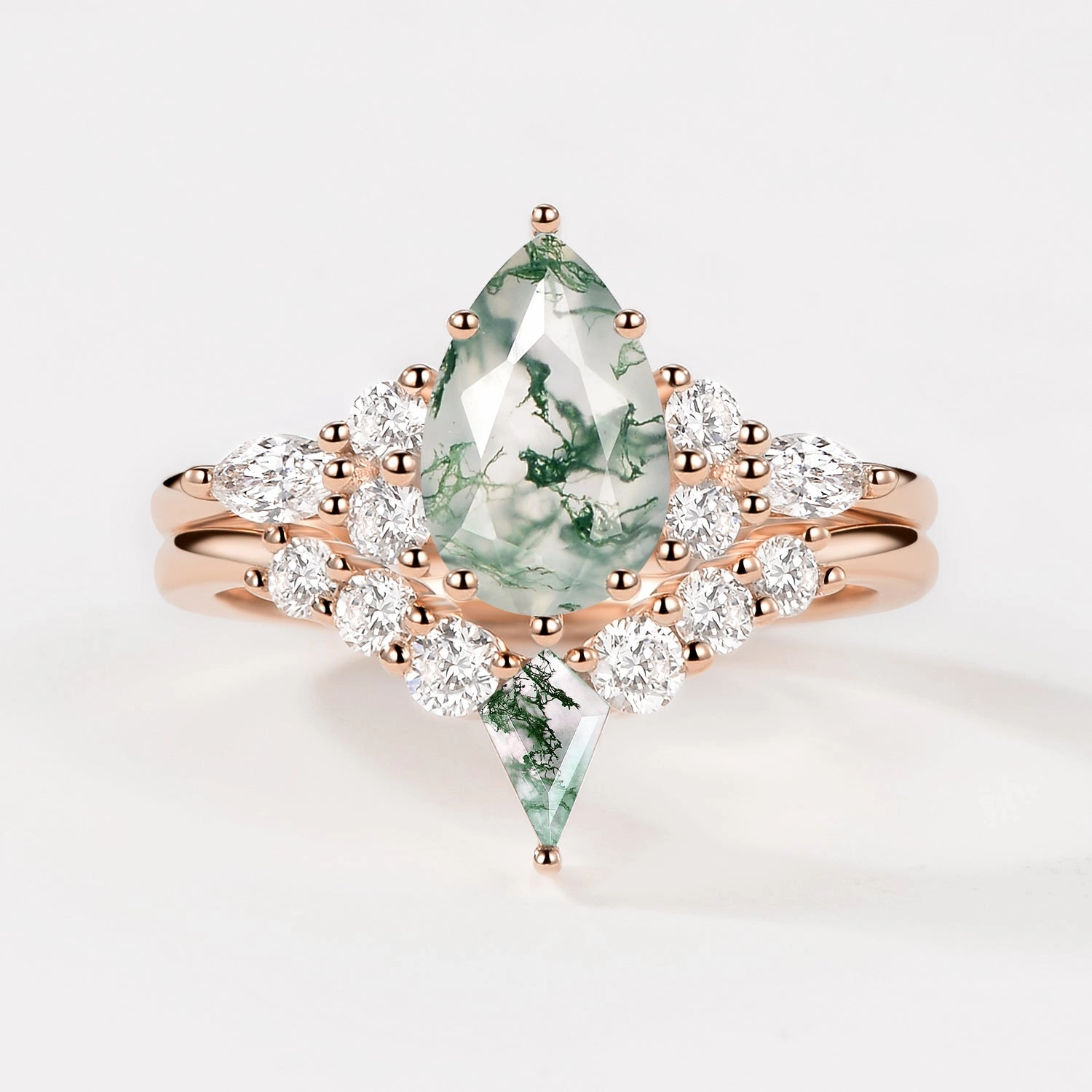 Twin Flames - Pear Cut Unique Moss Agate Engagement Ring Sets 2pcs - Zoey light texture