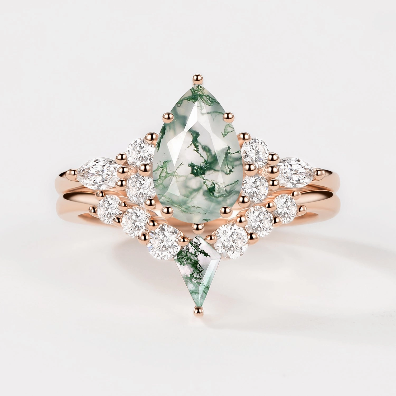 Twin Flames - Pear Cut Unique Moss Agate Engagement Ring Sets 2pcs - Zoey All Day Wear Sculpted Edge