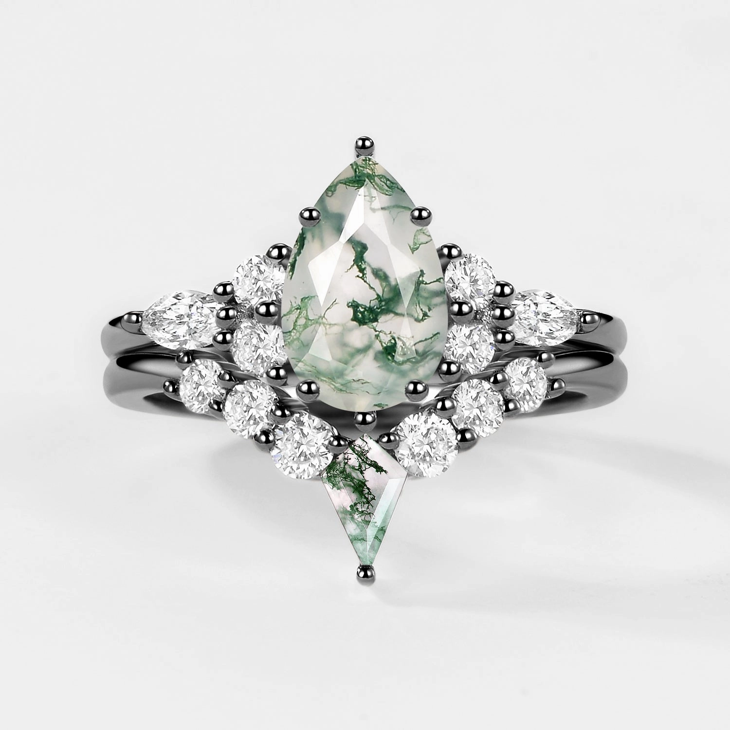 Unique Item Twin Flames - Pear Cut Unique Moss Agate Engagement Ring Sets 2pcs - Zoey