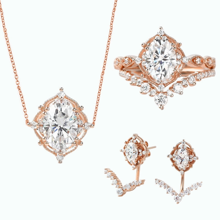 Signature Vintage Moissanite Ring Set & Earring & Necklace 5PCS - Charlotte Sets Daily Classic Accent Detail