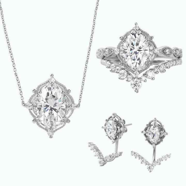 Signature Vintage Moissanite Ring Set & Earring & Necklace 5PCS - Charlotte Sets Fresh Pair