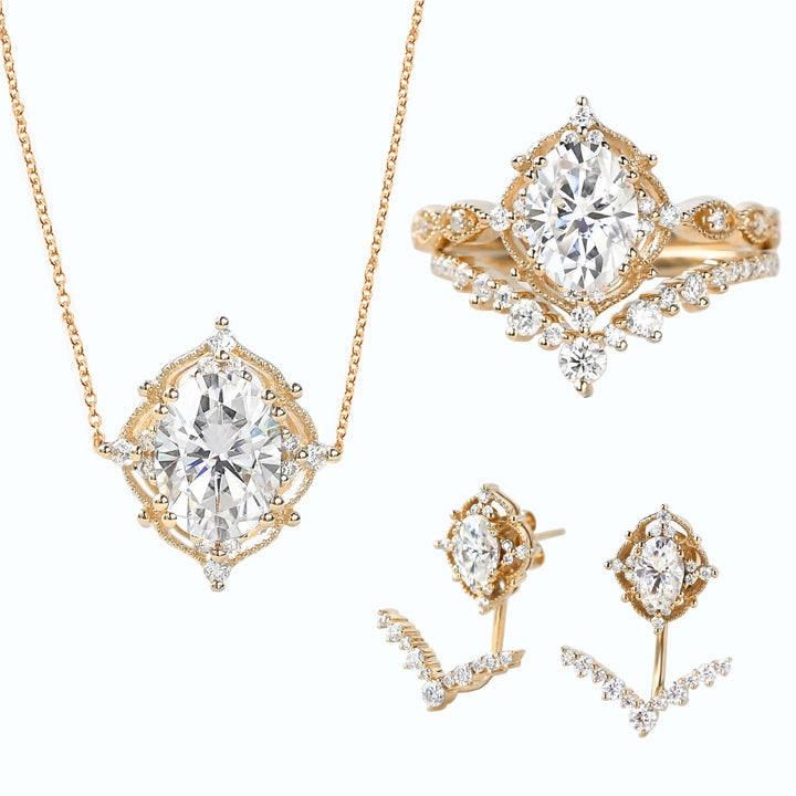 Festive Style Premium Accent Signature Vintage Moissanite Ring Set & Earring & Necklace 5PCS - Charlotte Sets