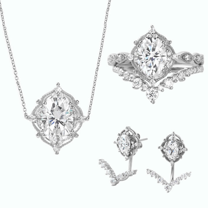 Branded Craft Signature Vintage Moissanite Ring Set & Earring & Necklace 5PCS - Charlotte Sets