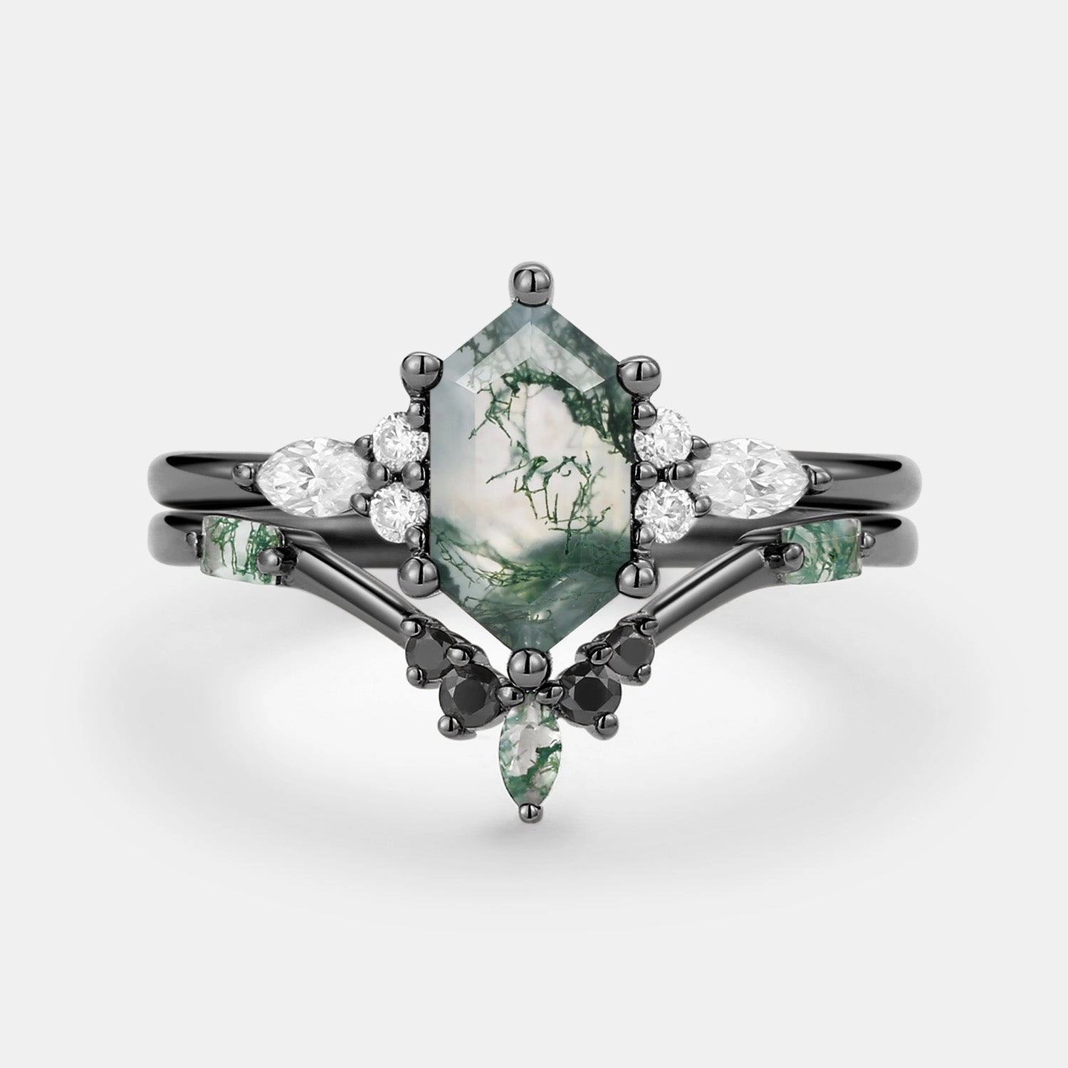 Special Accent Hexagon Moss Agate & Black Moissanite Ring Set 2PCS