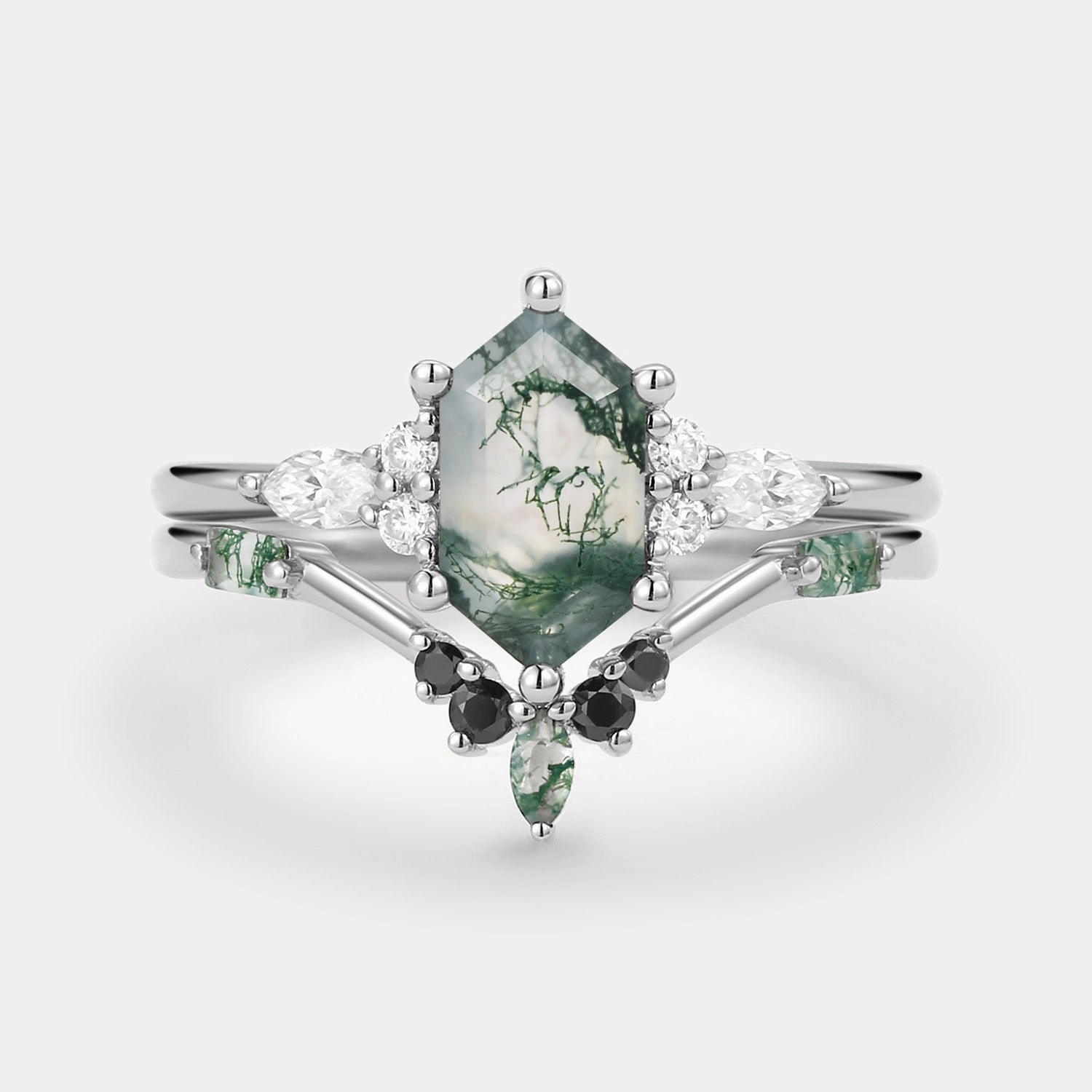Hexagon Moss Agate & Black Moissanite Ring Set 2PCS Romantic Moment