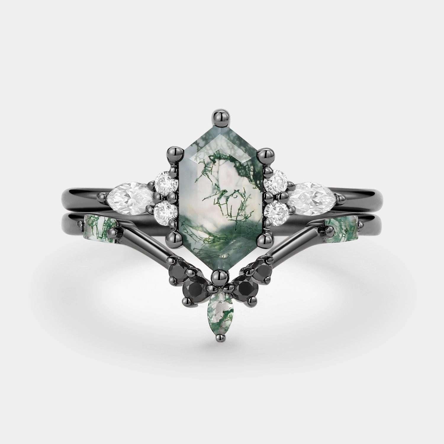 Event Favorite Hexagon Moss Agate & Black Moissanite Ring Set 2PCS