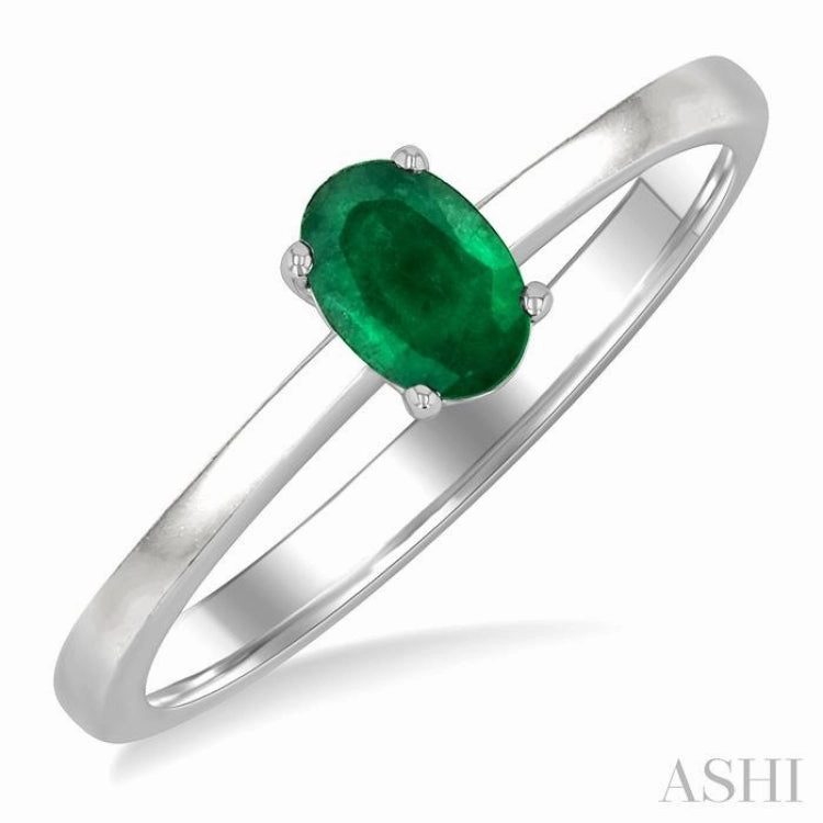 color block 6x4 MM Oval Shape Emerald Precious Solitaire Ring in 14K White Gold