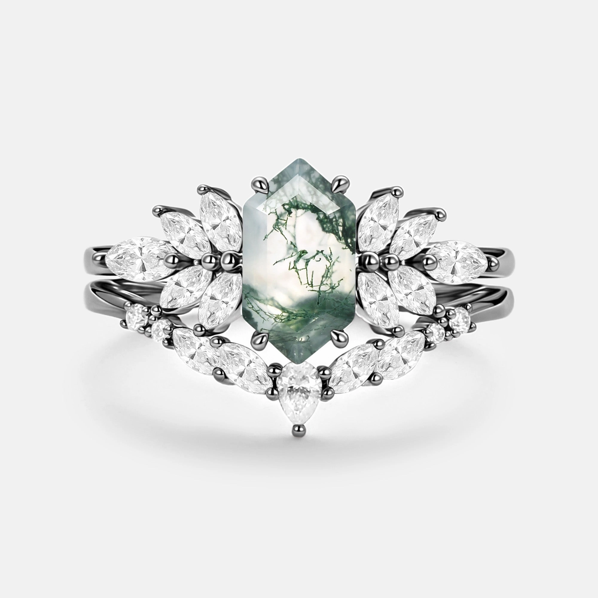 Soft Appeal Vintage Style Hexagon Cut Moss Agate Vintage Ring Set 2pcs - Meadow