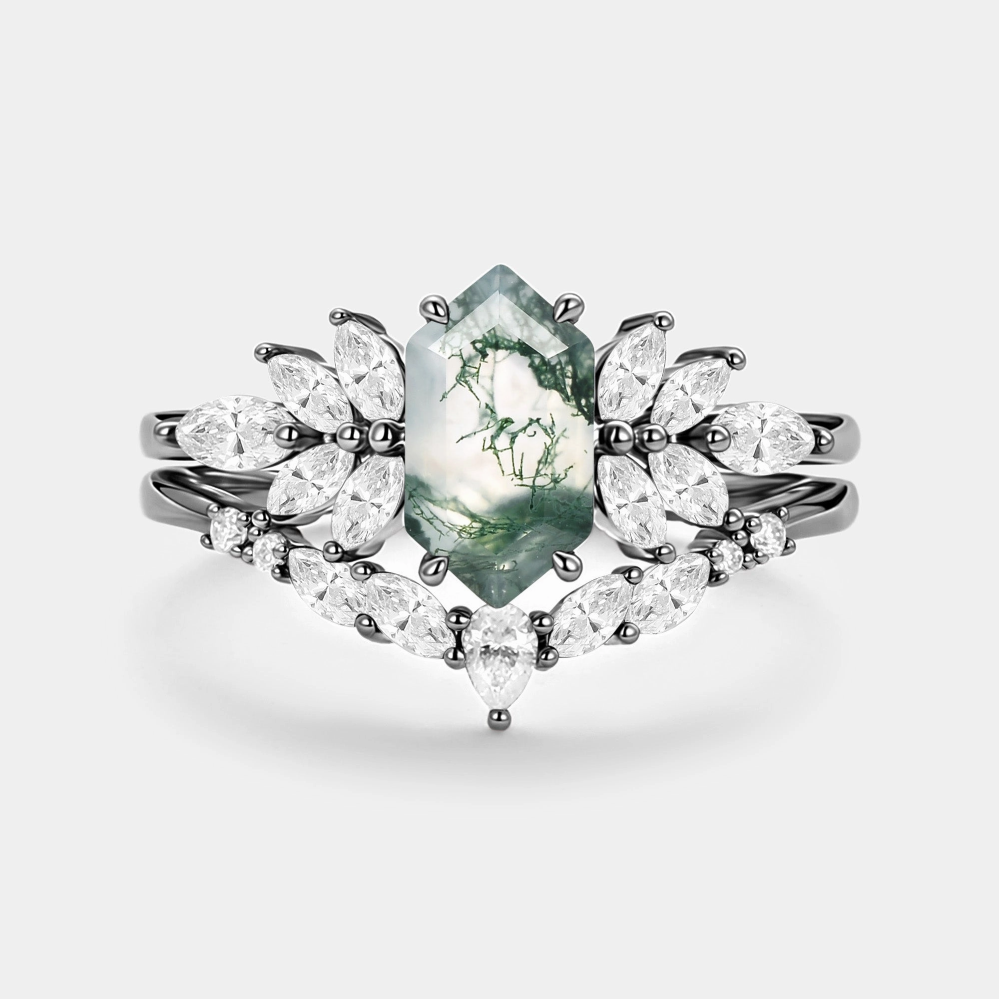 Secure Gift Vintage Reproduction Hexagon Cut Moss Agate Vintage Ring Set 2pcs - Meadow