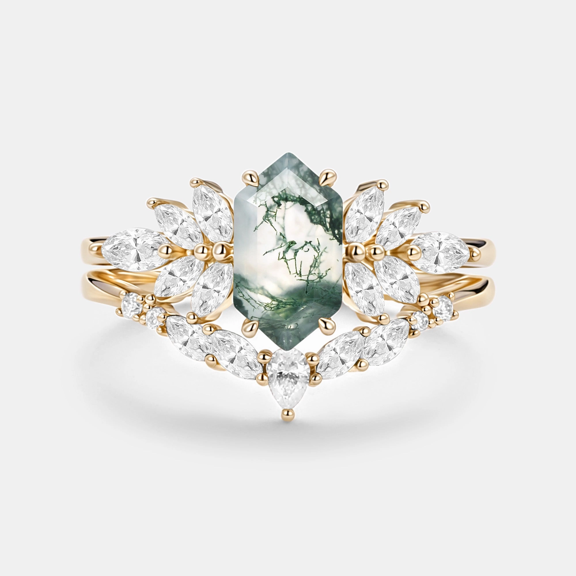 Bold Glow Instant Match Hexagon Cut Moss Agate Vintage Ring Set 2pcs - Meadow