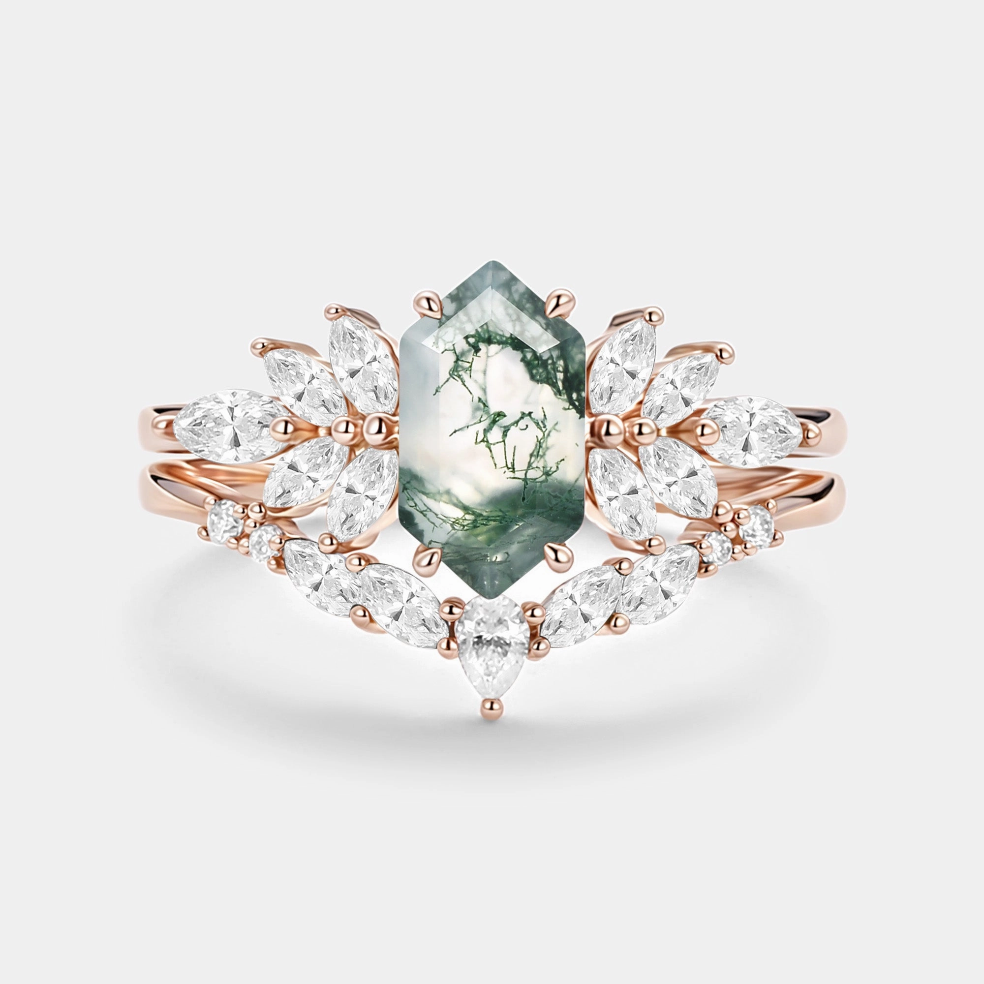 Hexagon Cut Moss Agate Vintage Ring Set 2pcs - Meadow Retro Mood Dainty Charm