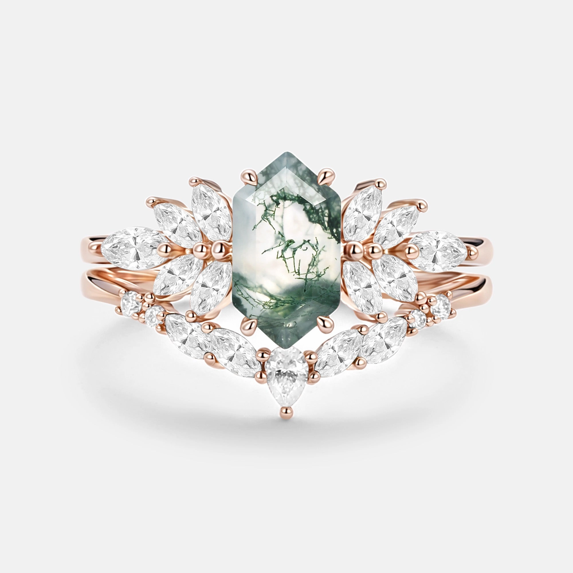 Hexagon Cut Moss Agate Vintage Ring Set 2pcs - Meadow Neat Finish Glossy Finish