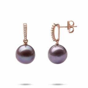 Ultraviolet Pearl Earrings in Rose Gold with Diamonds - 11-12mm Artistic Form