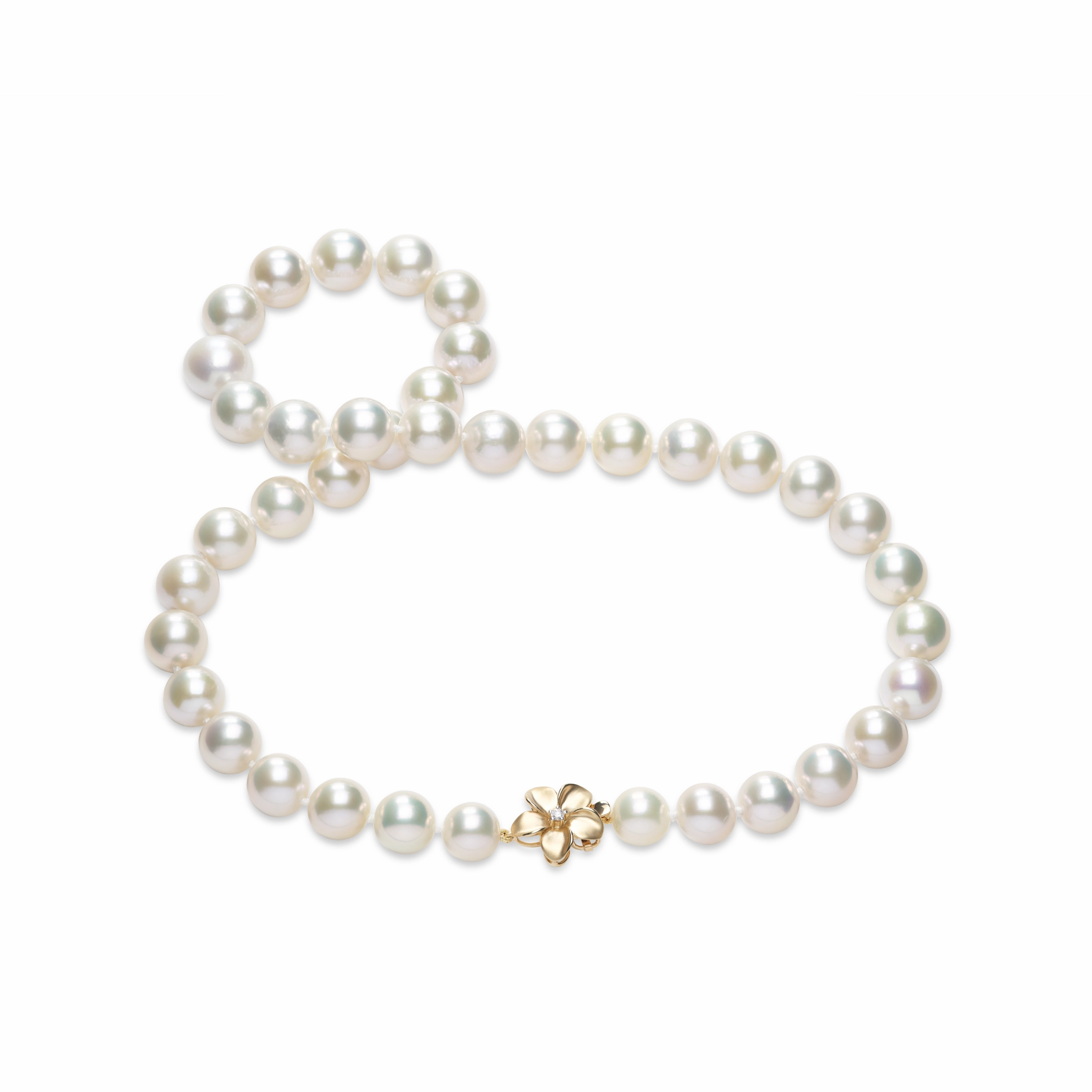 20" Freshwater White Pearl Strand with Diamond Plumeria Clasp in Gold - 10-12mm Morning Light Alluring Edge